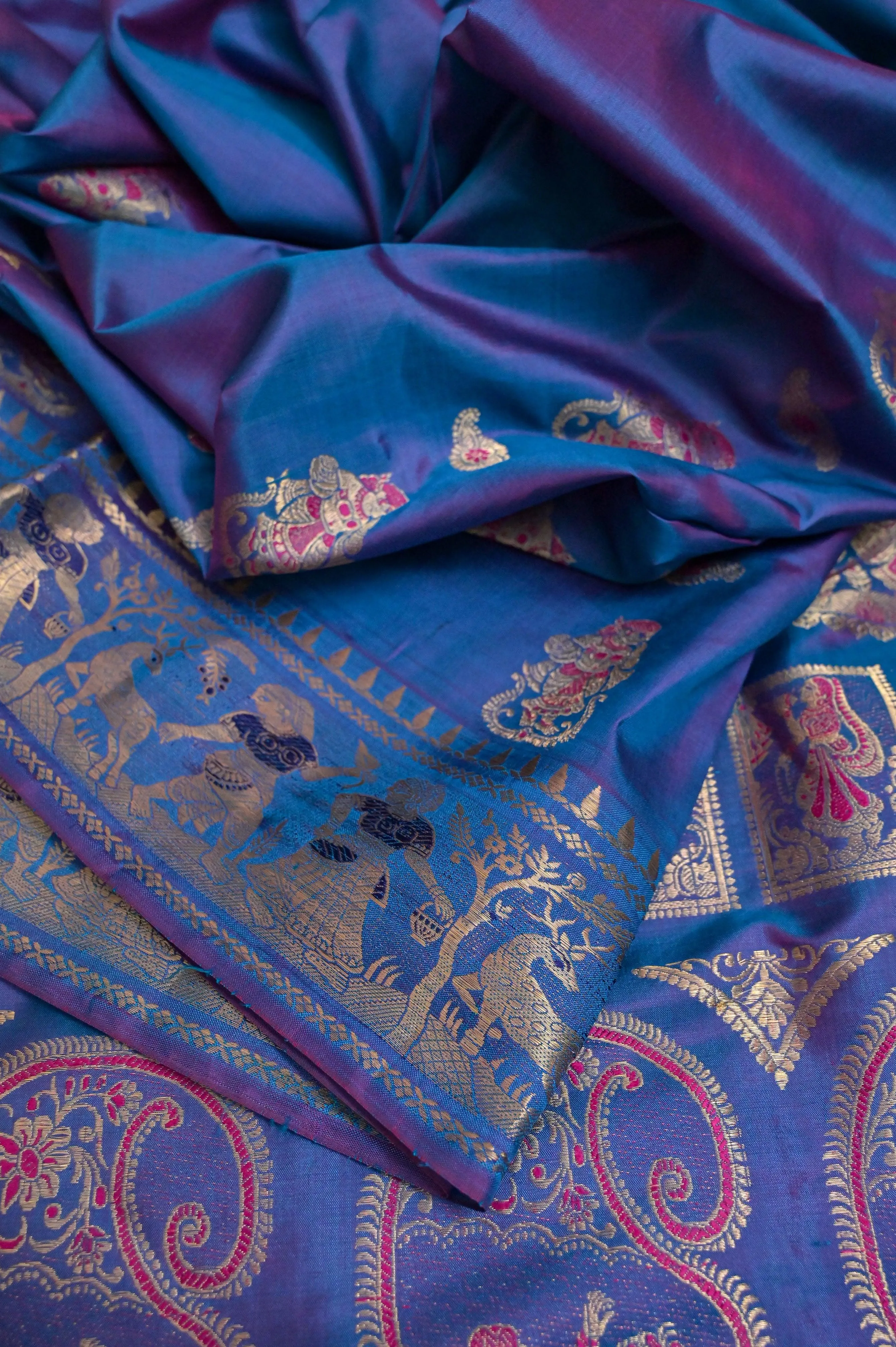 Blue and Magenta Dual Tone Baluchari Silk Saree with Copper Zari Buti Work