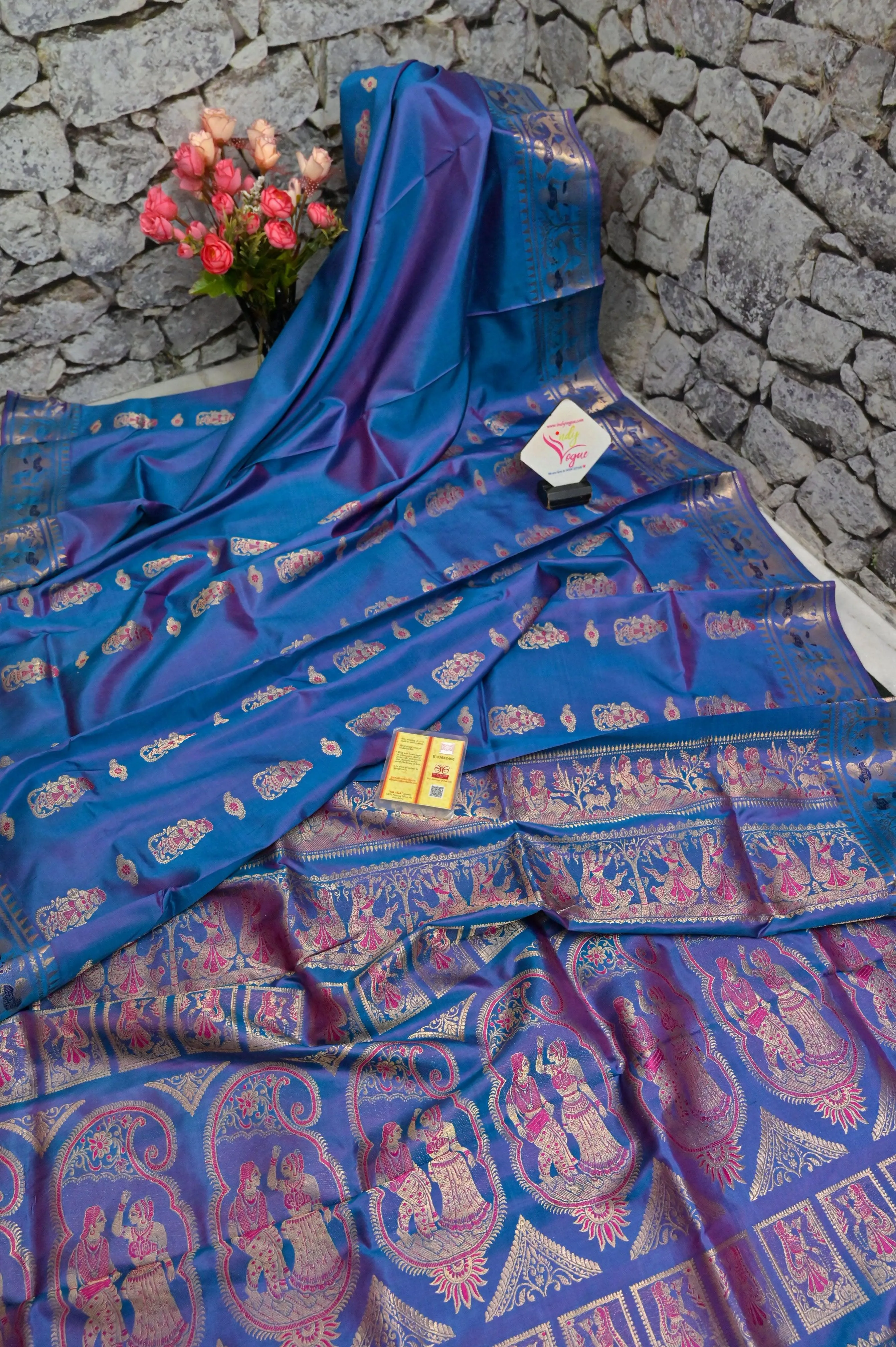 Blue and Magenta Dual Tone Baluchari Silk Saree with Copper Zari Buti Work