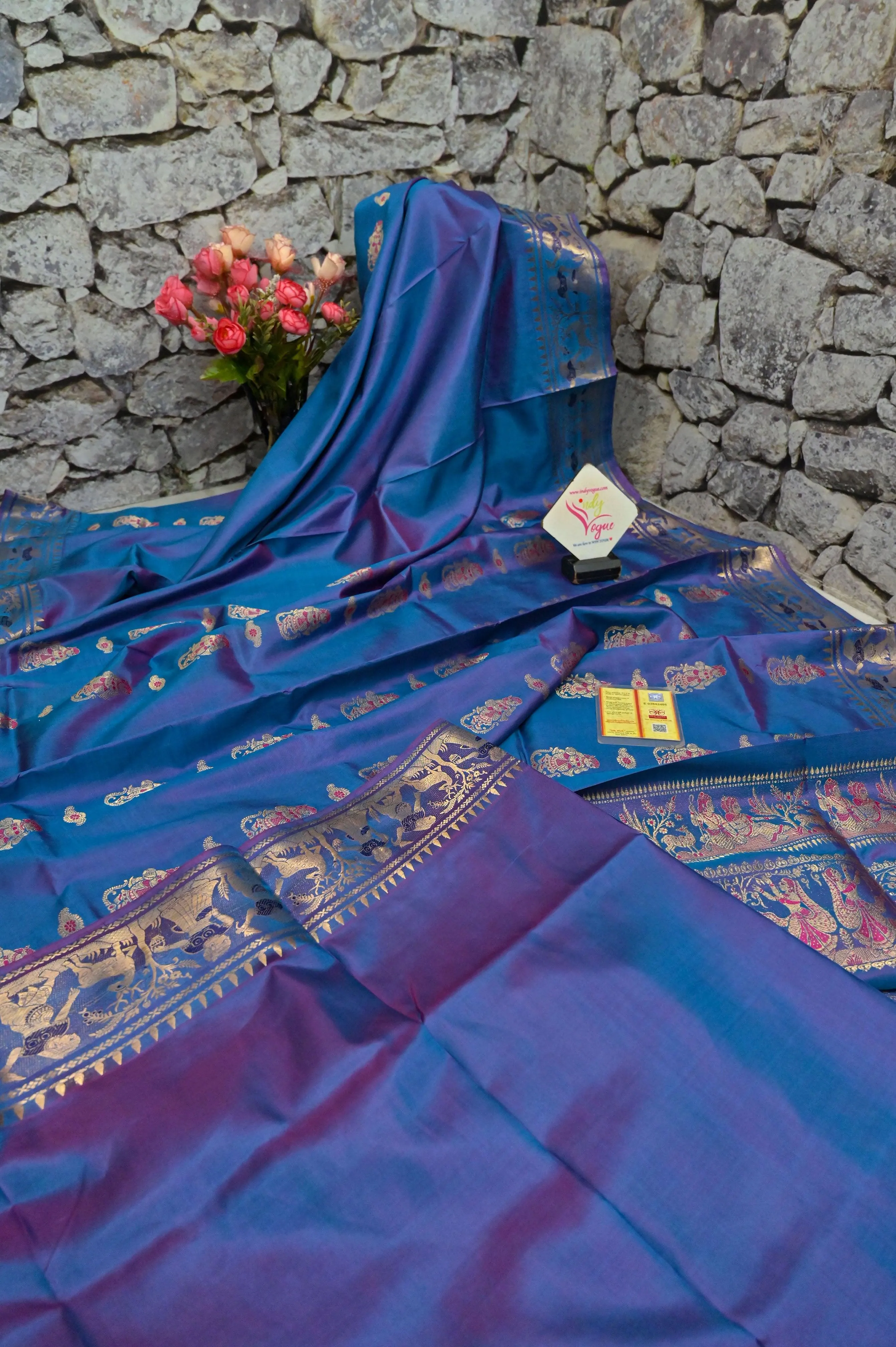 Blue and Magenta Dual Tone Baluchari Silk Saree with Copper Zari Buti Work