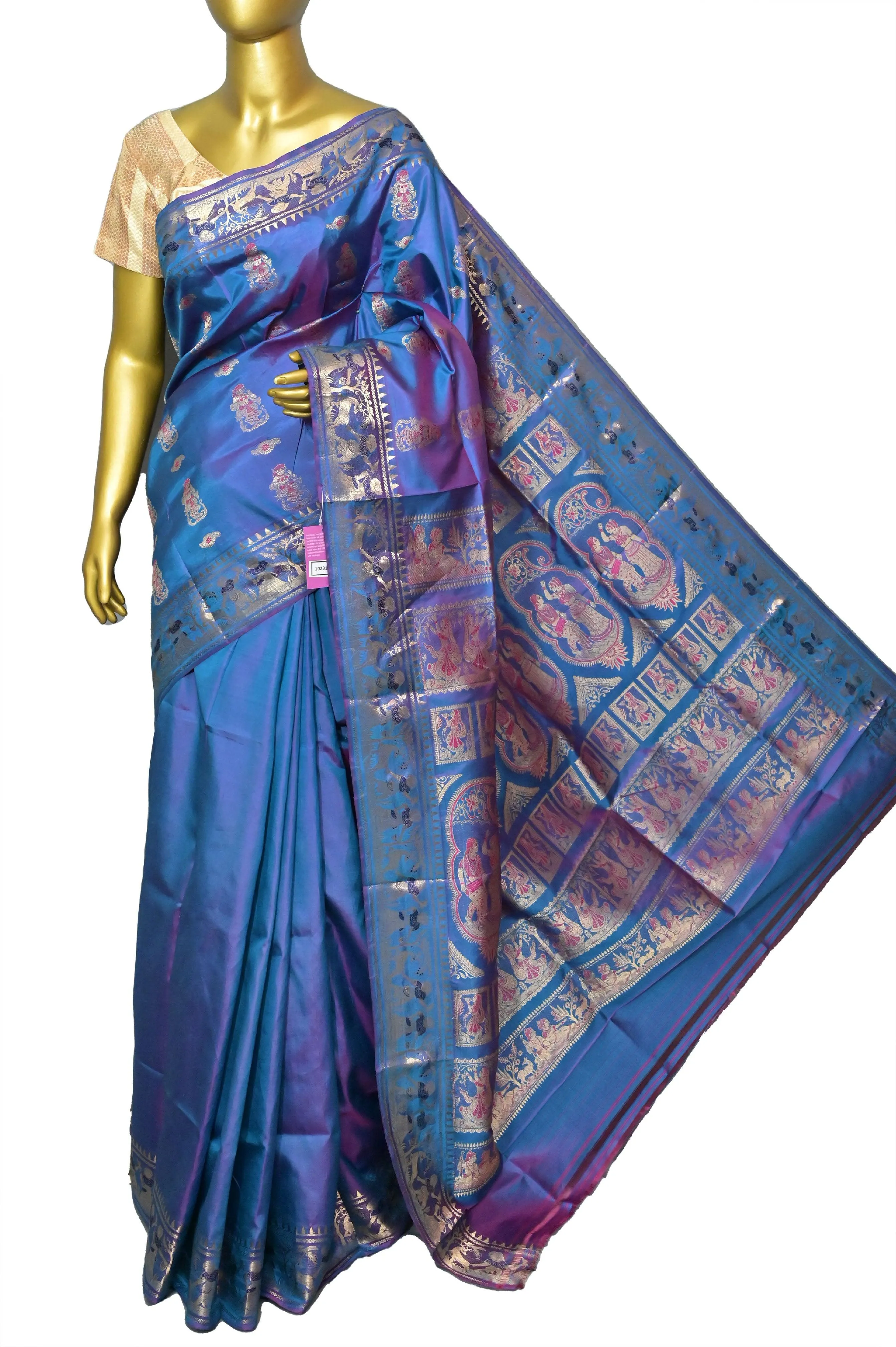 Blue and Magenta Dual Tone Baluchari Silk Saree with Copper Zari Buti Work