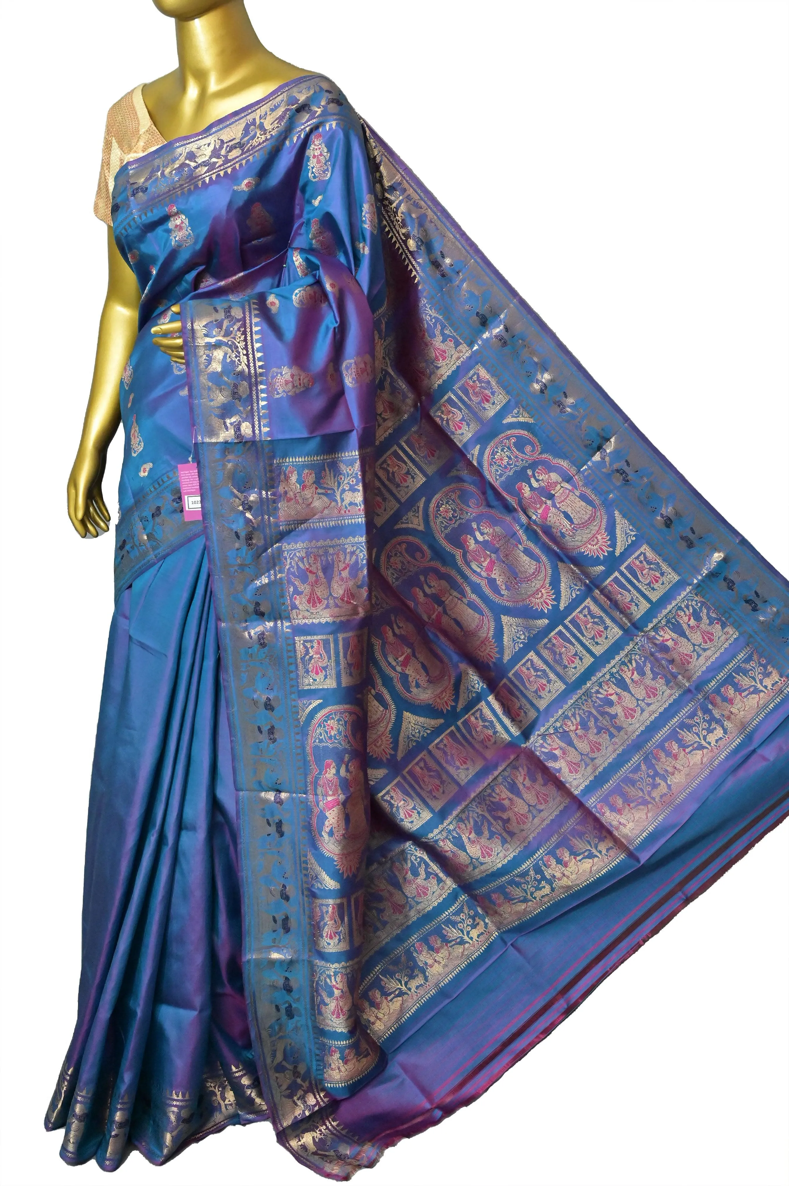 Blue and Magenta Dual Tone Baluchari Silk Saree with Copper Zari Buti Work