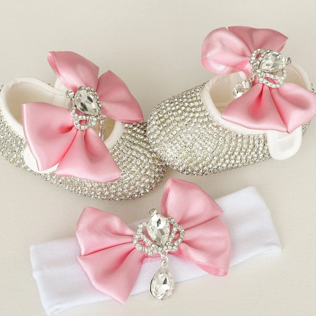 Crown Charm Satin Bow Baby Shoes