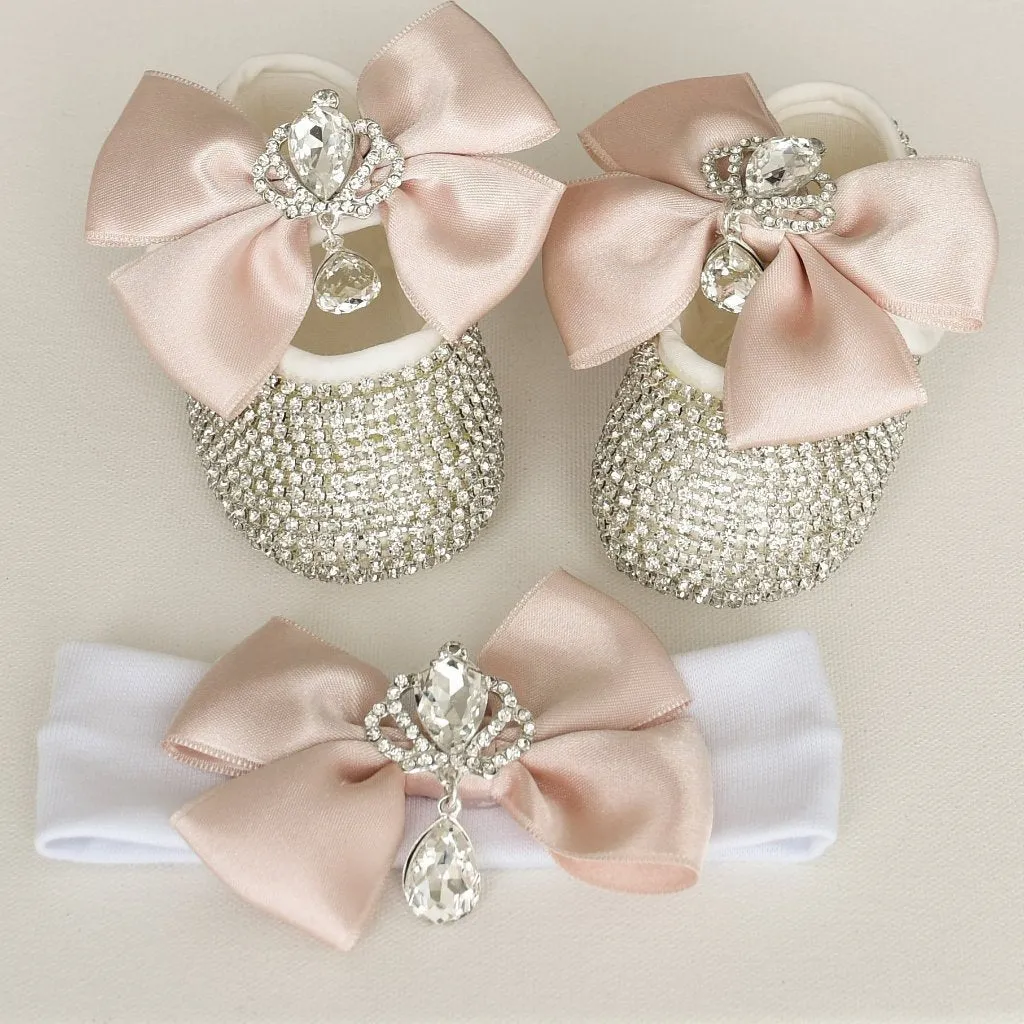 Crown Charm Satin Bow Baby Shoes