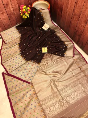 Dark Coffee Color Pure Gadwal Silk with Meenakari Border and Golden & Silver Zari Work