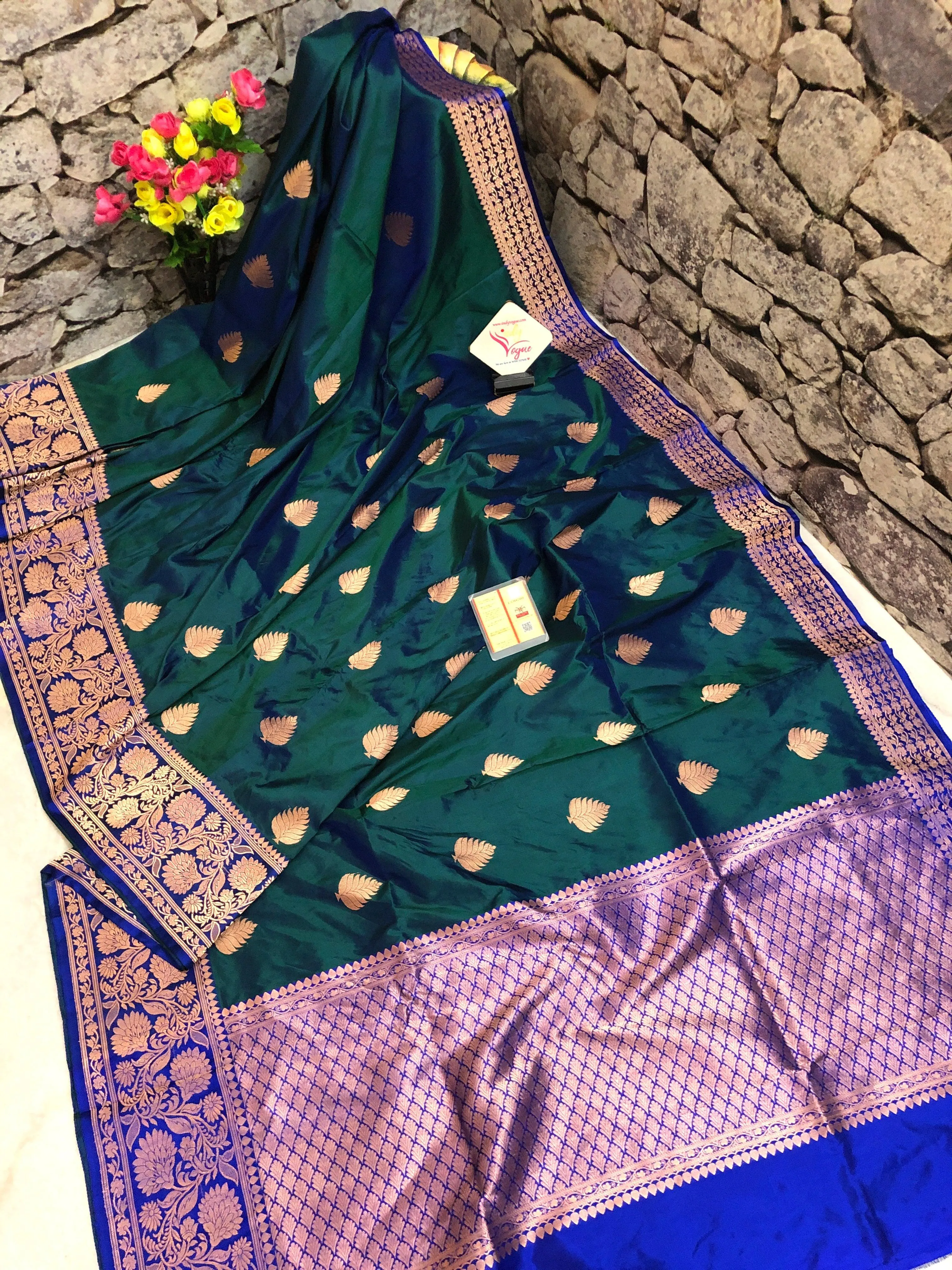 Dual Green and Blue Tone Katan Banarasi Saree