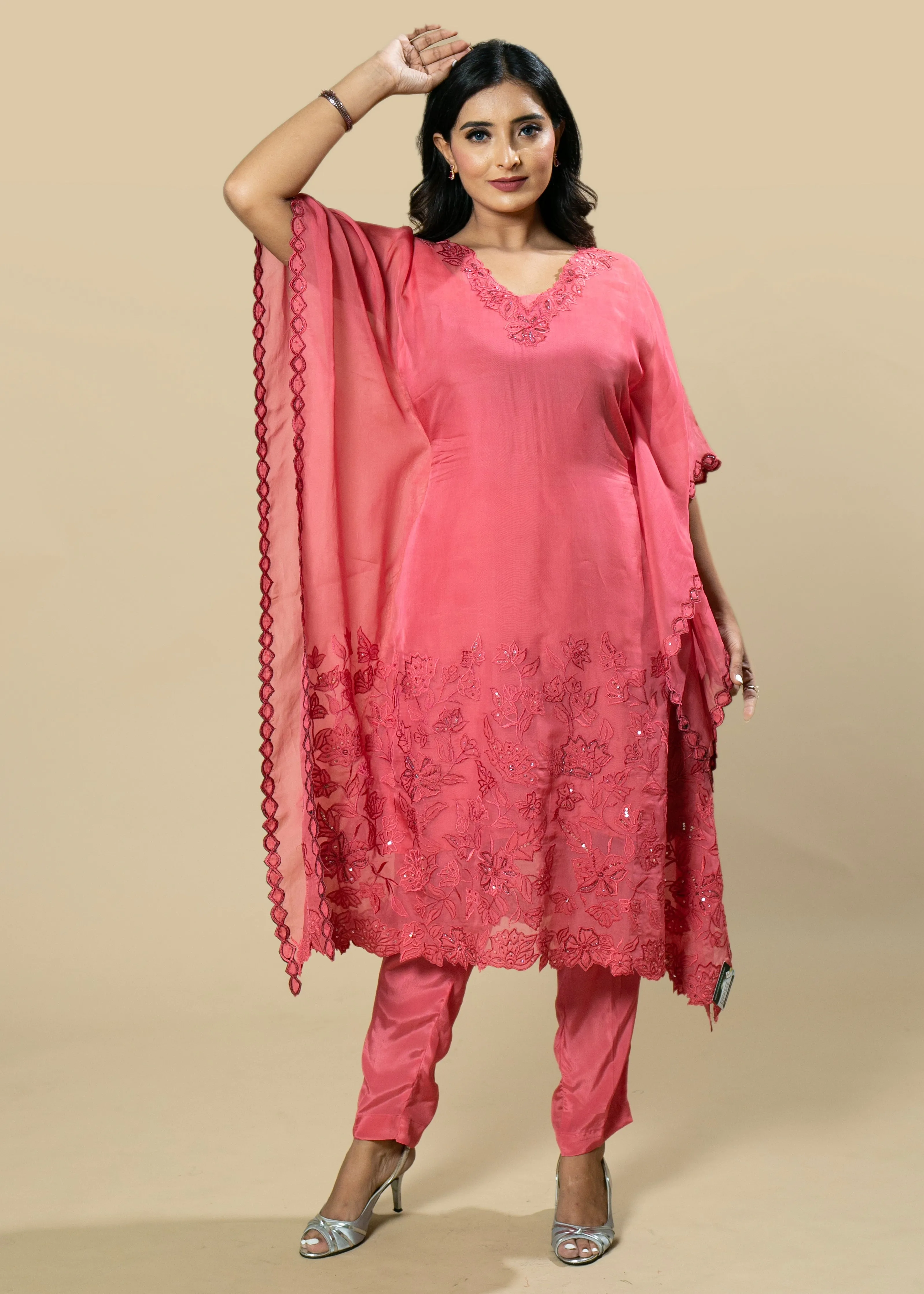 Gajri Pink Georgette Organza Handcrafted Applique kaftan Set with Crystal