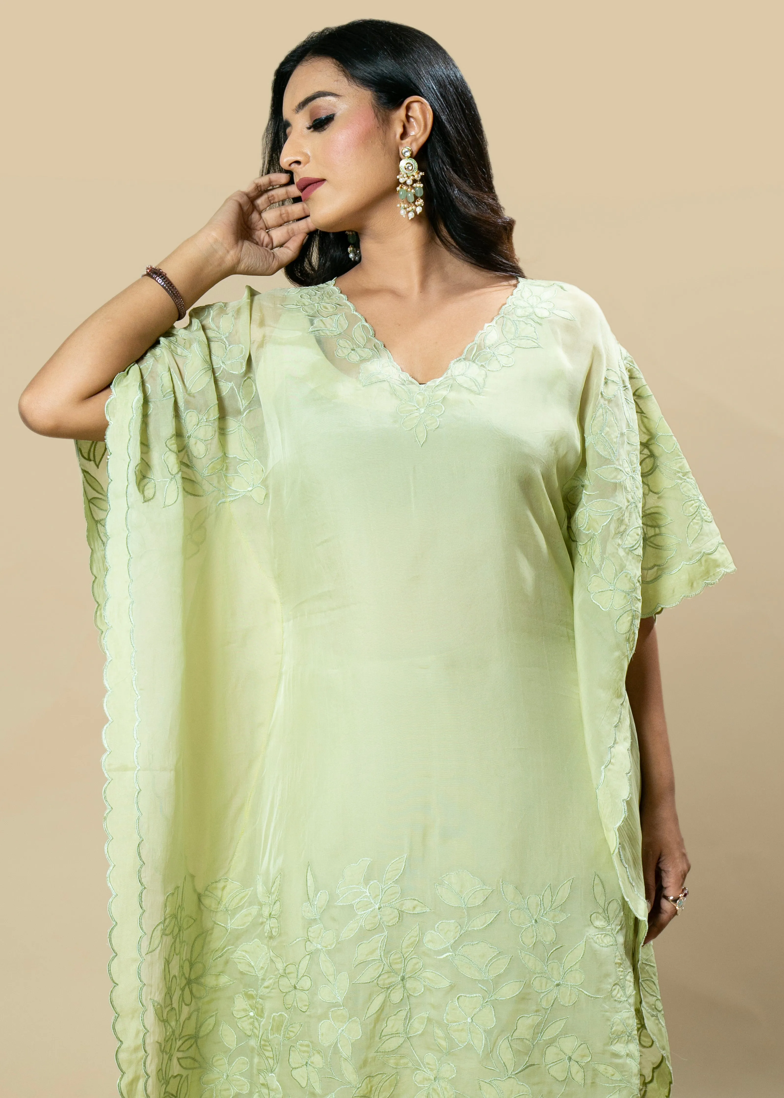 Georgette Organza Handcrafted Applique Lime Green kaftan