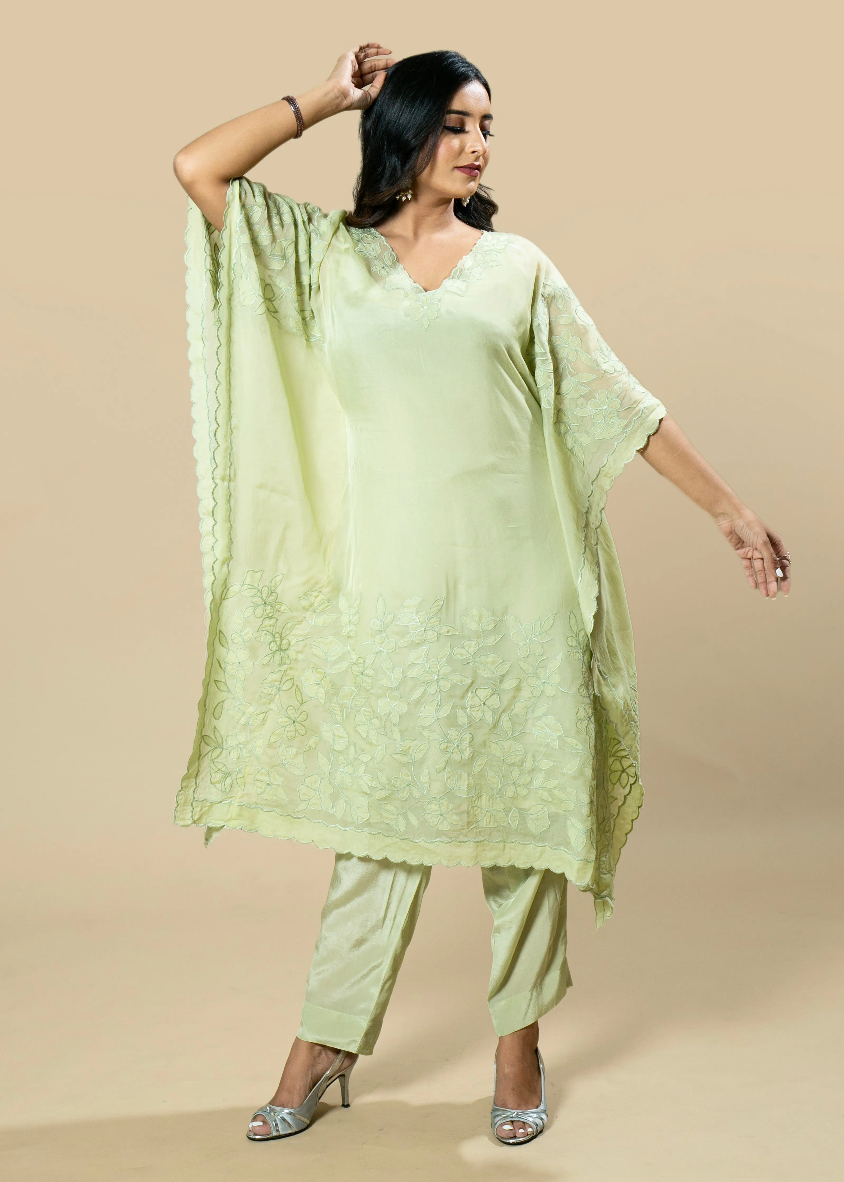 Georgette Organza Handcrafted Applique Lime Green kaftan