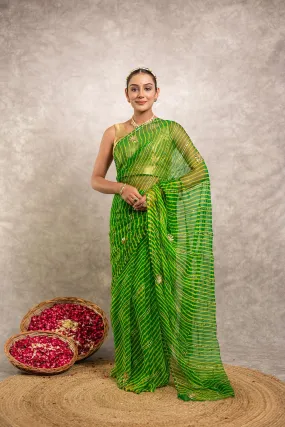 Green Pure Georgette Aari work Lehariya Saree