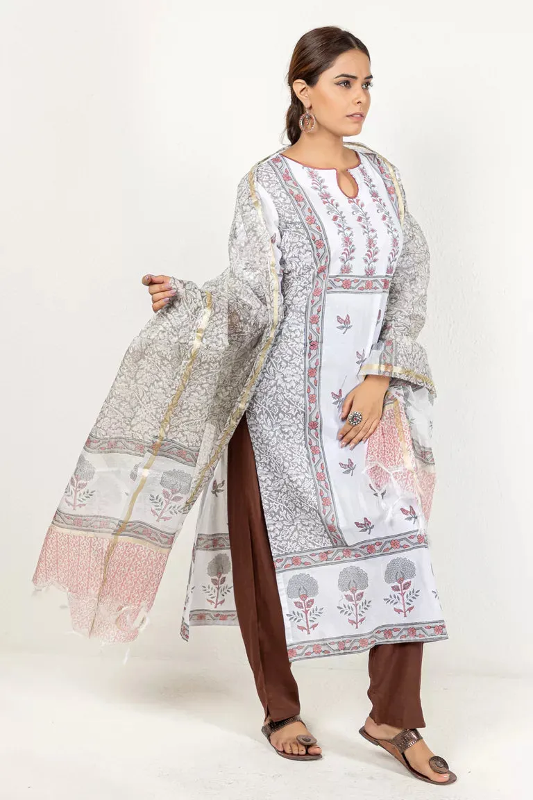 Greyish White Cotton Kurta With Dupatta Set