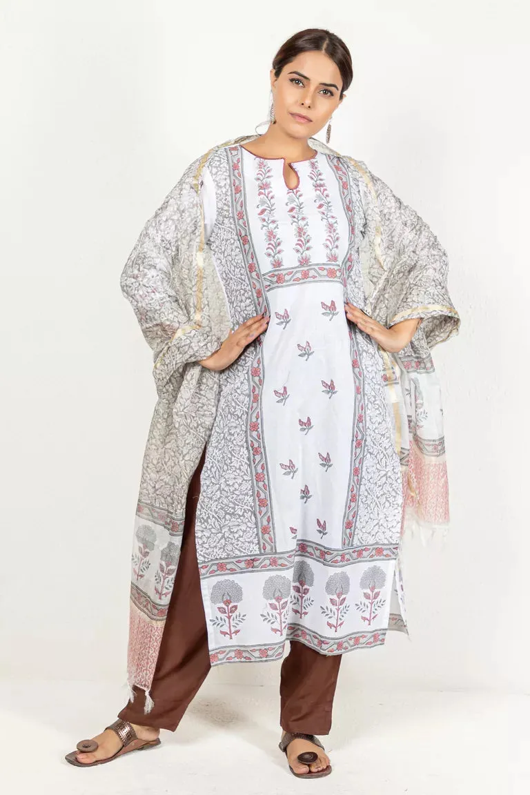 Greyish White Cotton Kurta With Dupatta Set