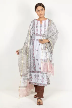 Greyish White Cotton Kurta With Dupatta Set