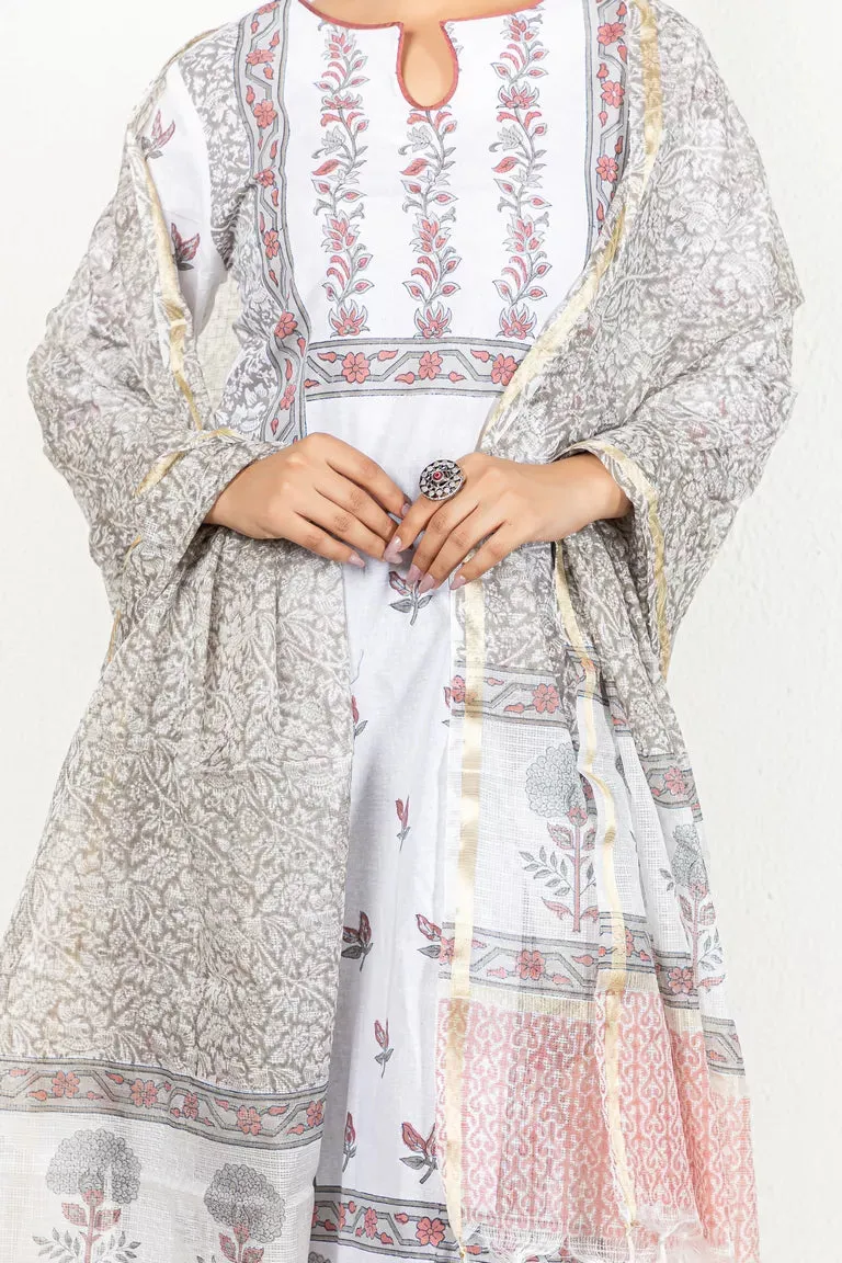 Greyish White Cotton Kurta With Dupatta Set