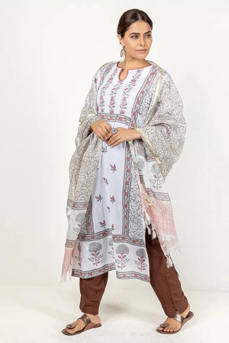 Greyish White Cotton Kurta With Dupatta Set