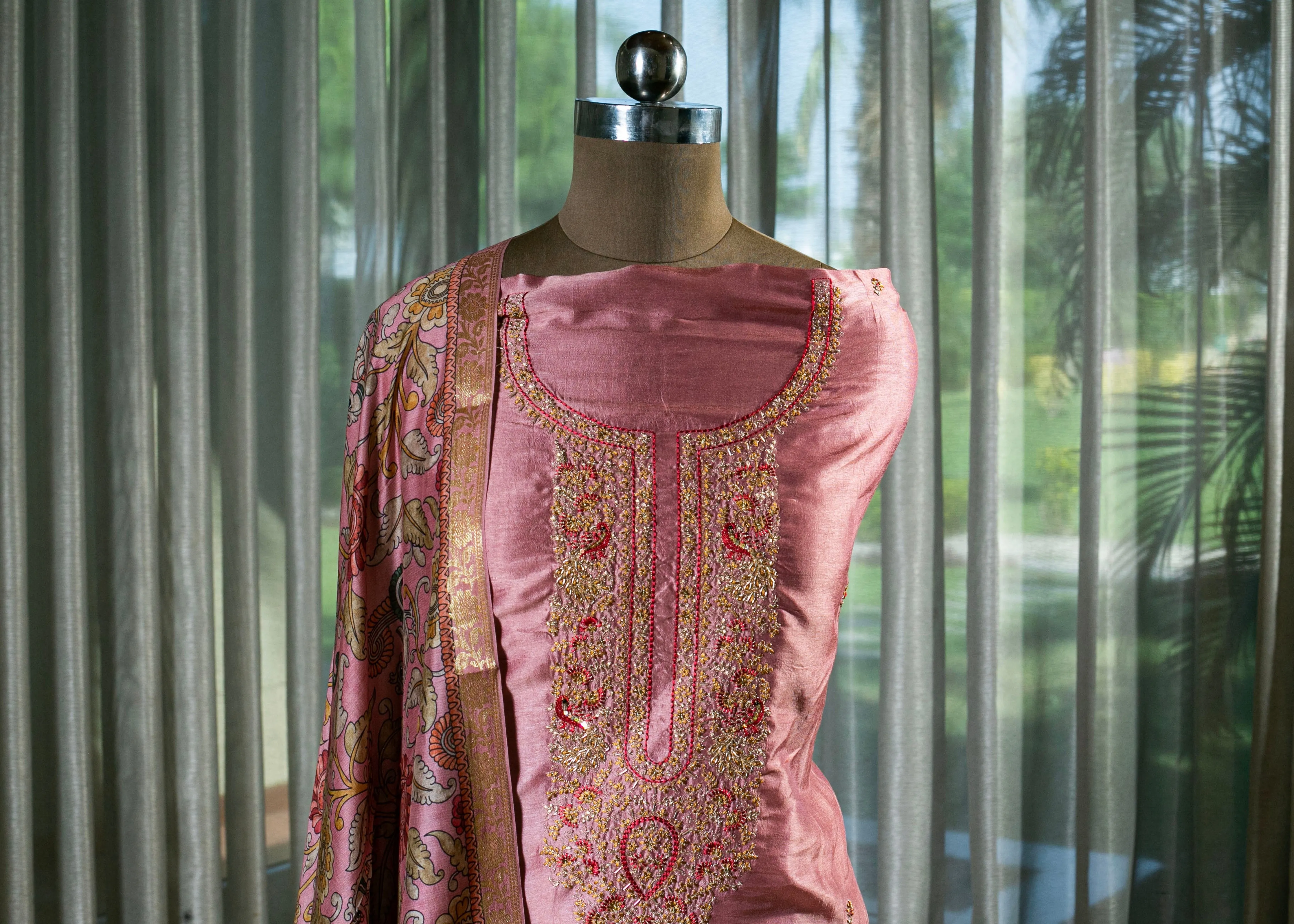 Hand Embroidered Cotton Silk Suit with Intricate Dabka and Thread Work