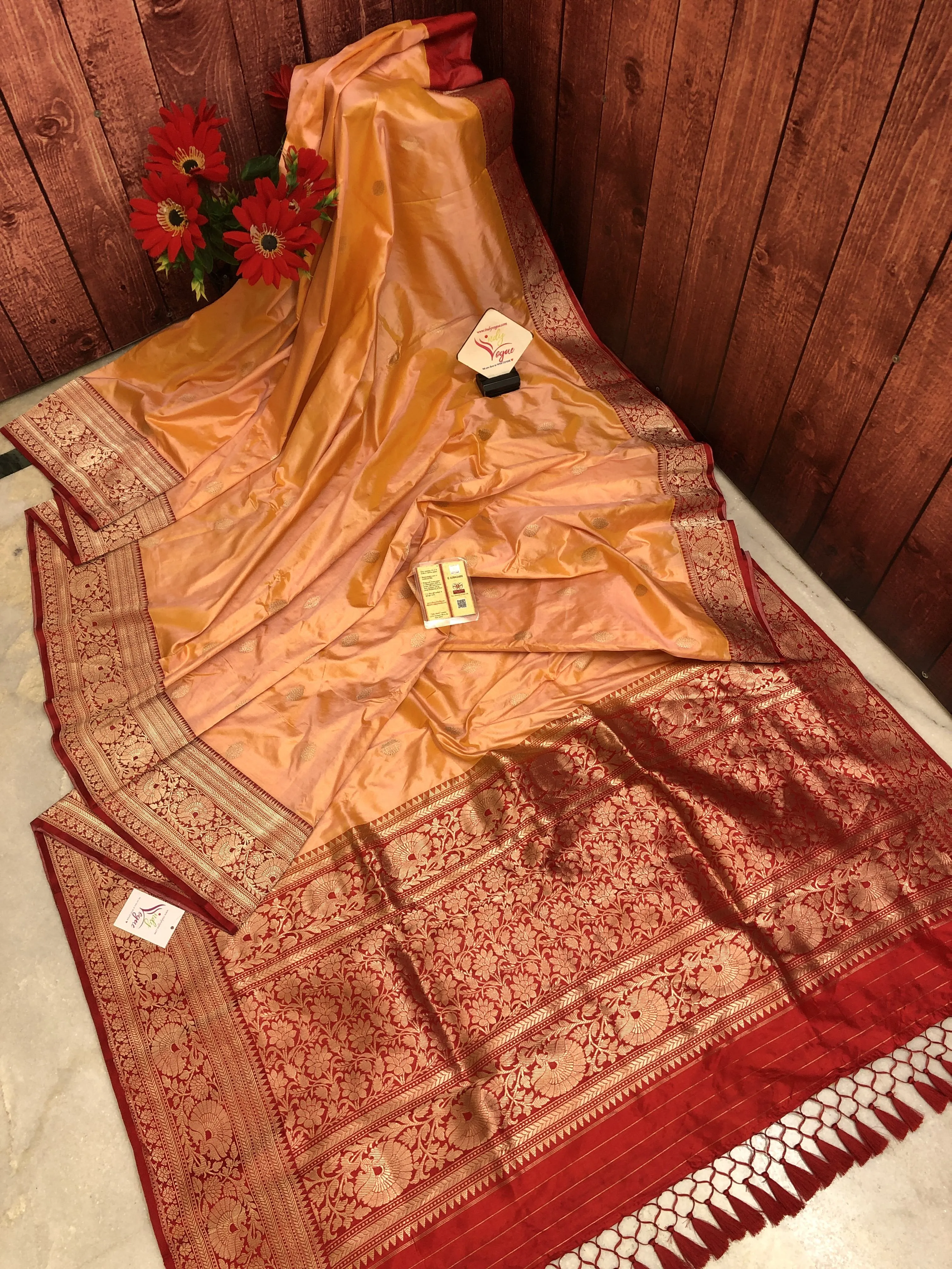 Light Goldfish Orange Color Pure Katan Banarasi Saree