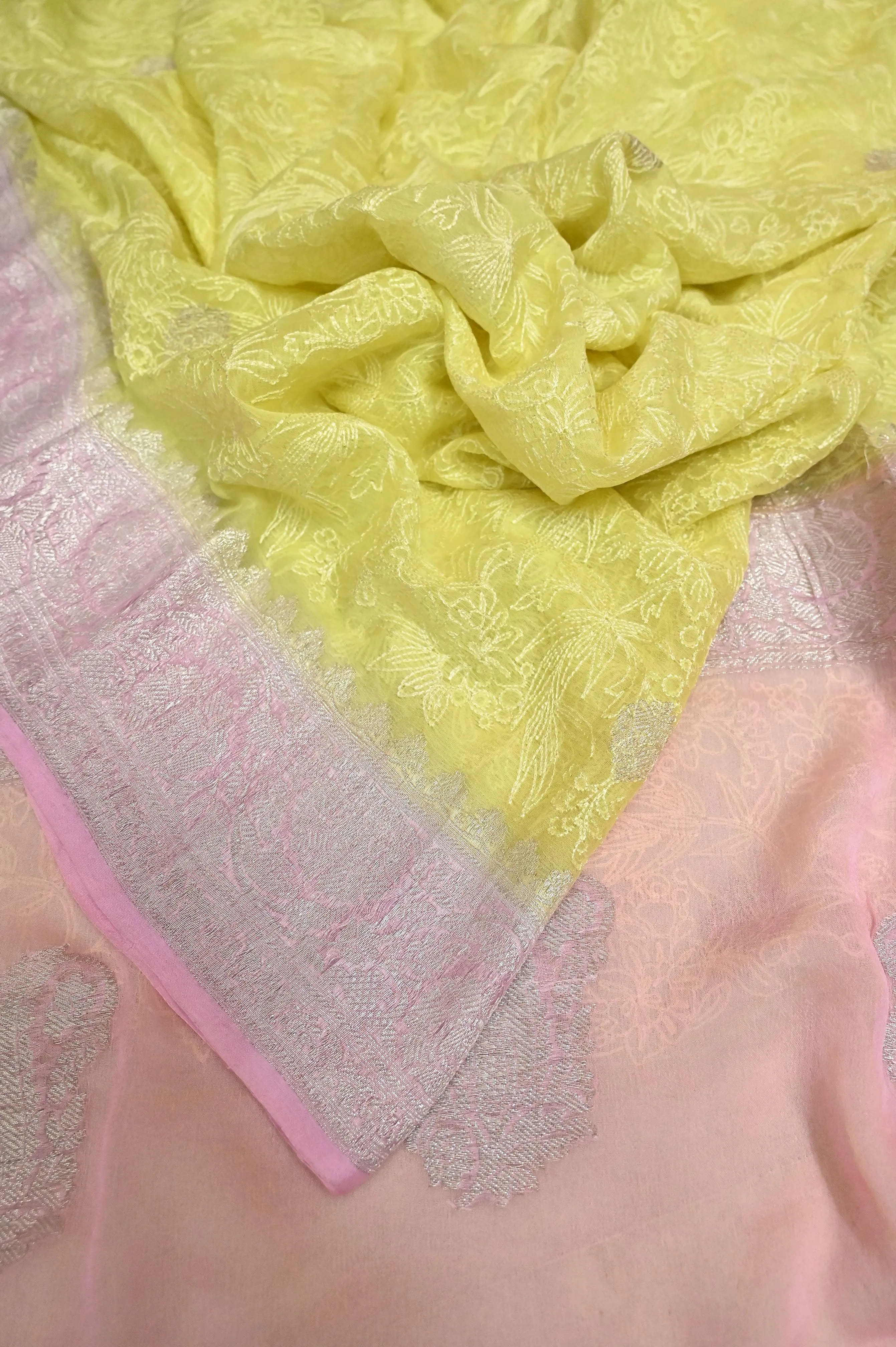 Light Yellow and Pink Color Chiffon Banarasi Saree with Chikankari Work