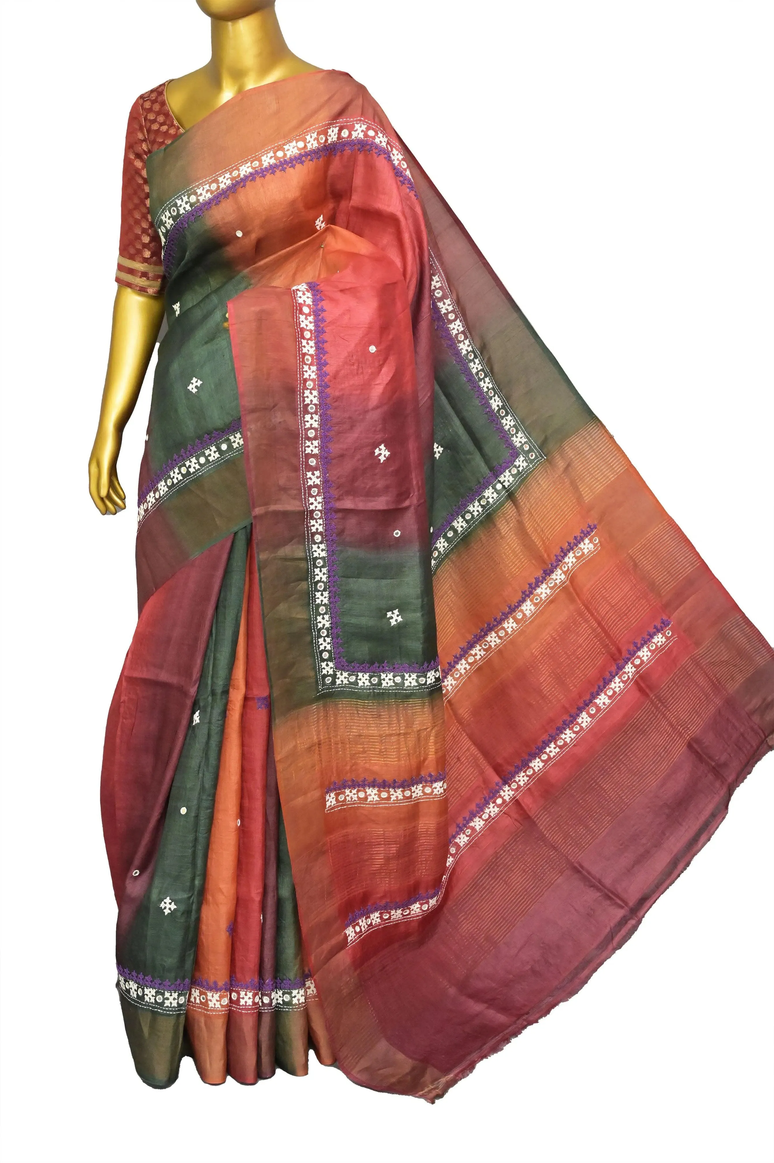 Multicolor Tussar Silk Saree with Zari Border and Hand Gujarati Mirror Work