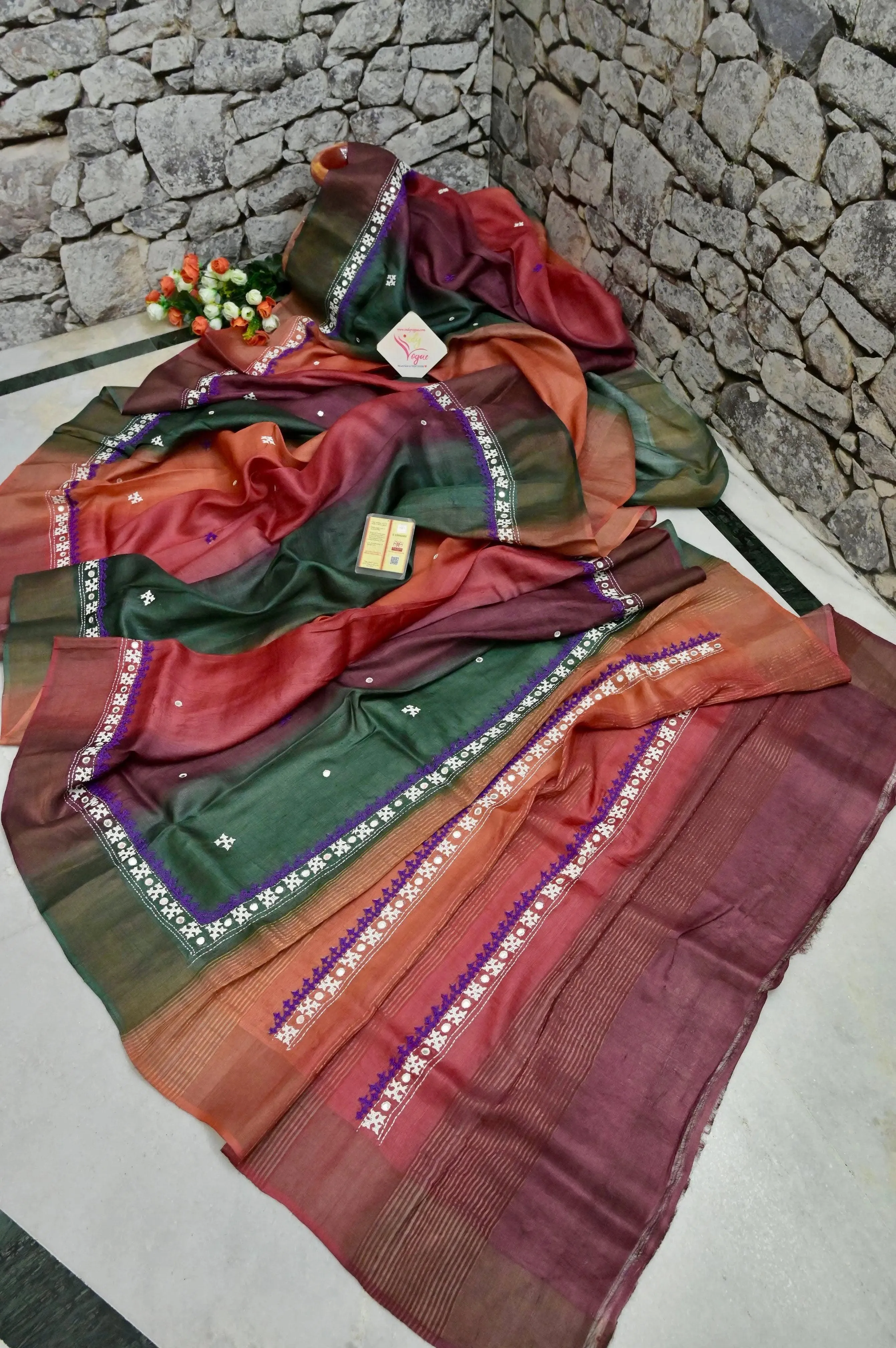 Multicolor Tussar Silk Saree with Zari Border and Hand Gujarati Mirror Work