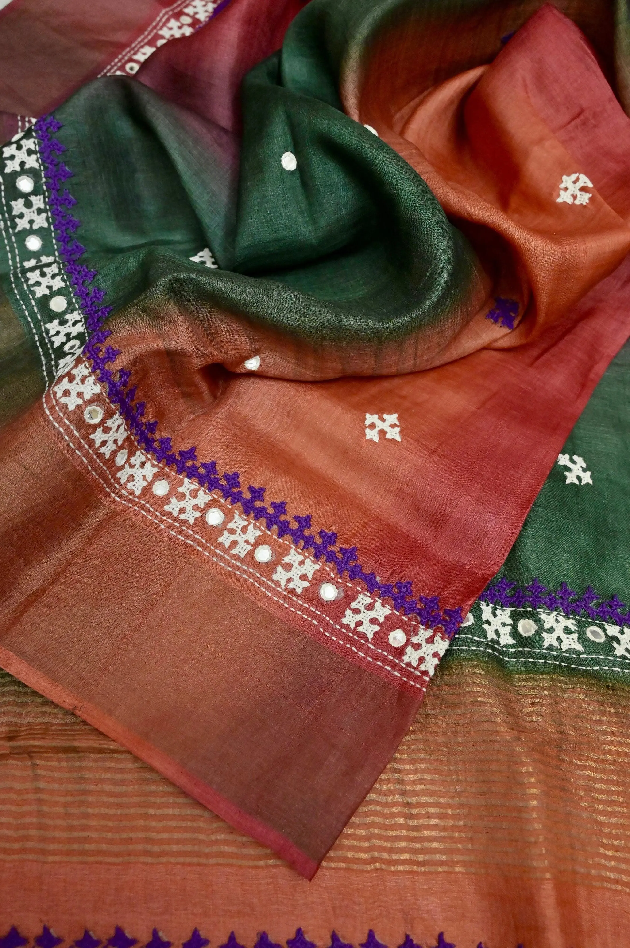 Multicolor Tussar Silk Saree with Zari Border and Hand Gujarati Mirror Work