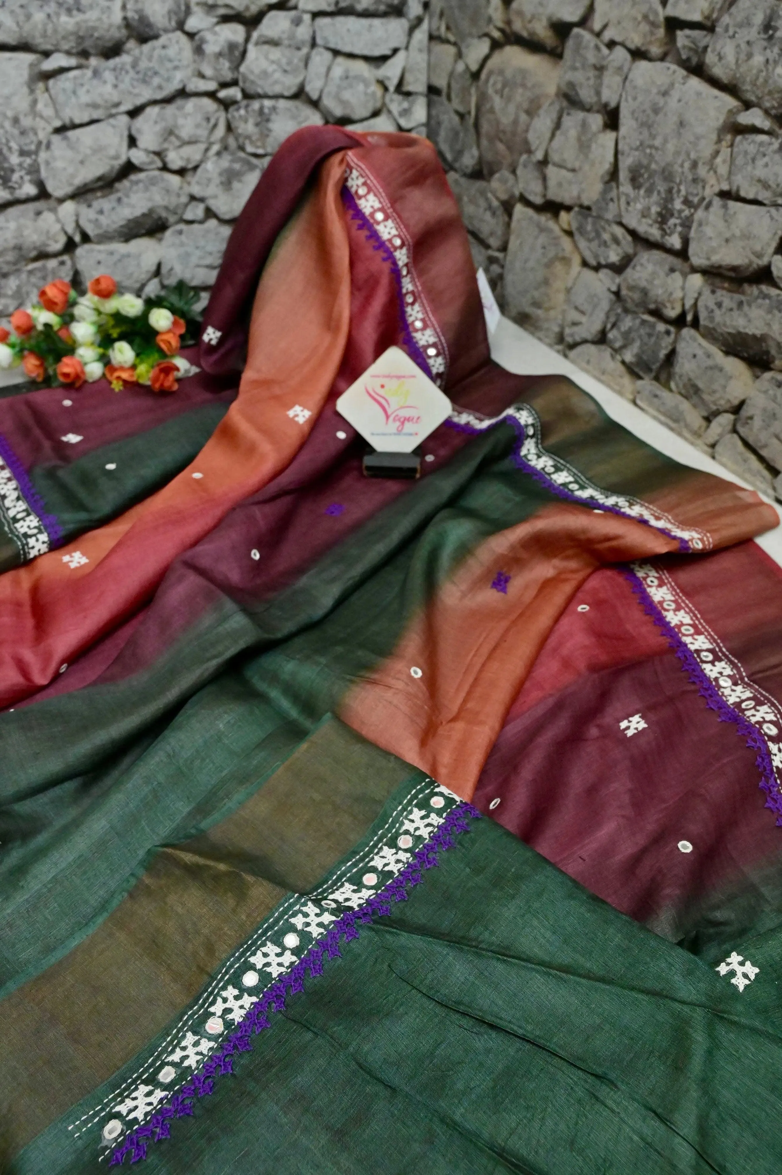 Multicolor Tussar Silk Saree with Zari Border and Hand Gujarati Mirror Work