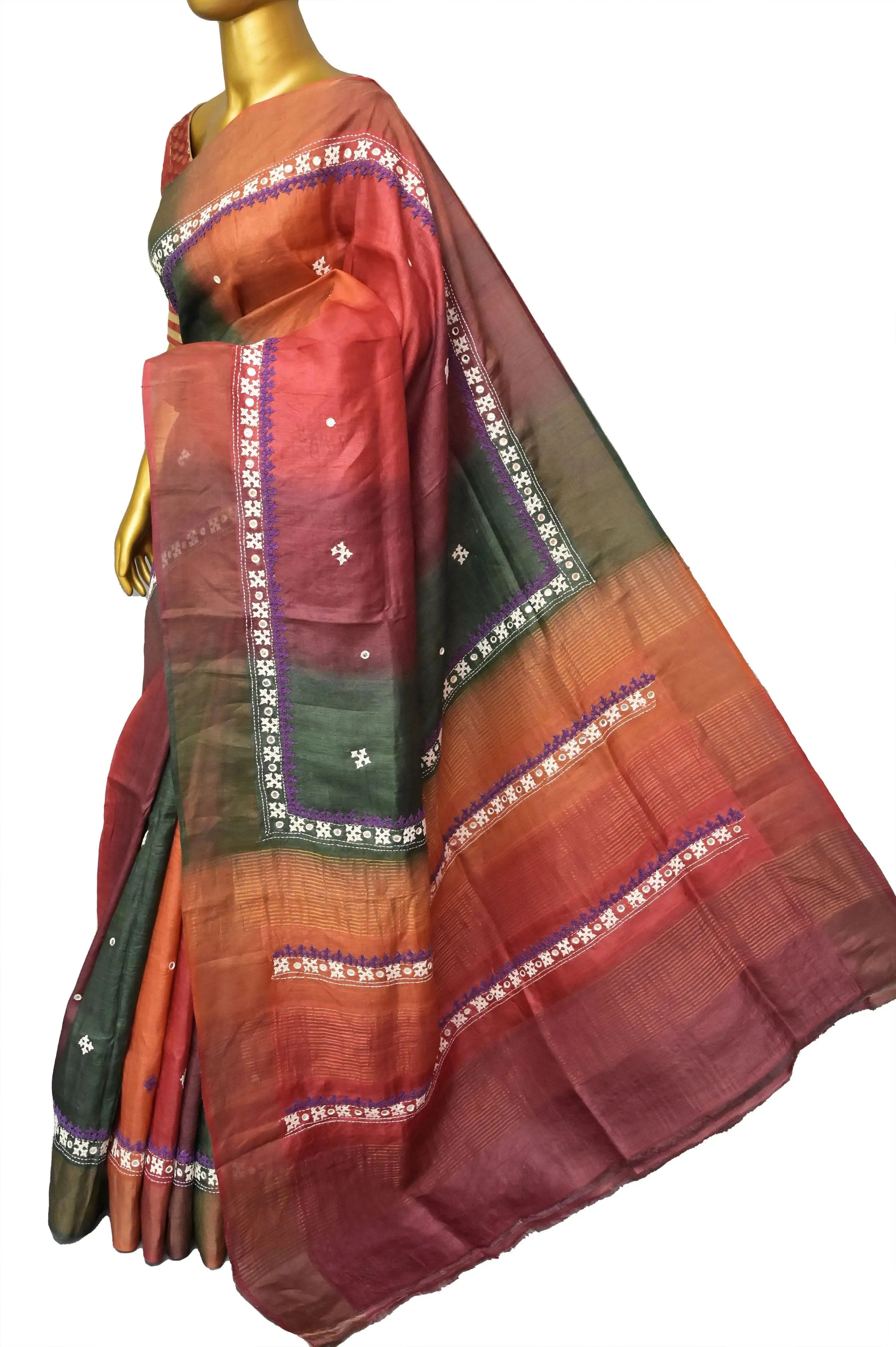 Multicolor Tussar Silk Saree with Zari Border and Hand Gujarati Mirror Work