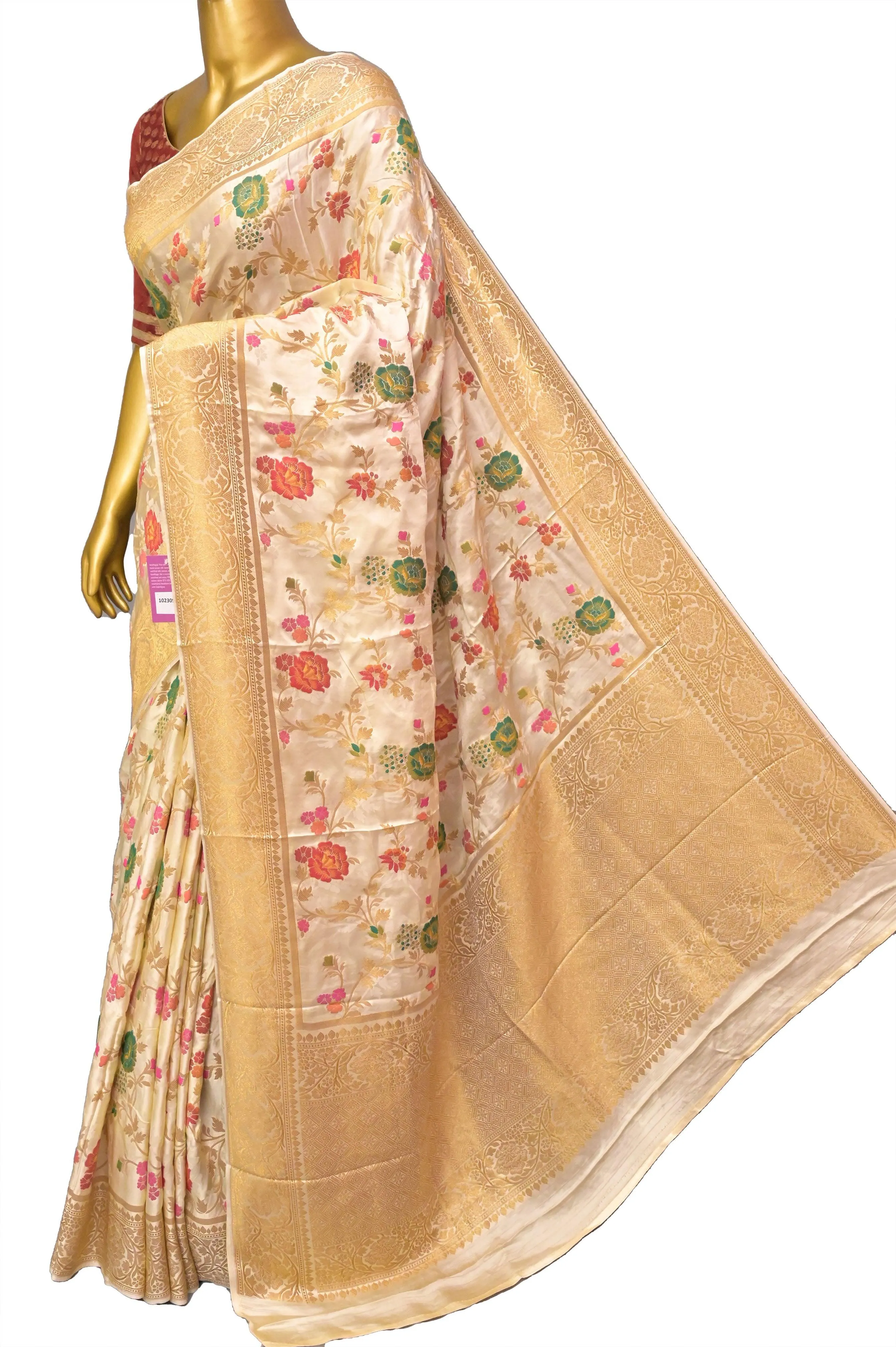 Offwhite Color Satin Katan Banarasi Saree with Meenakari Work