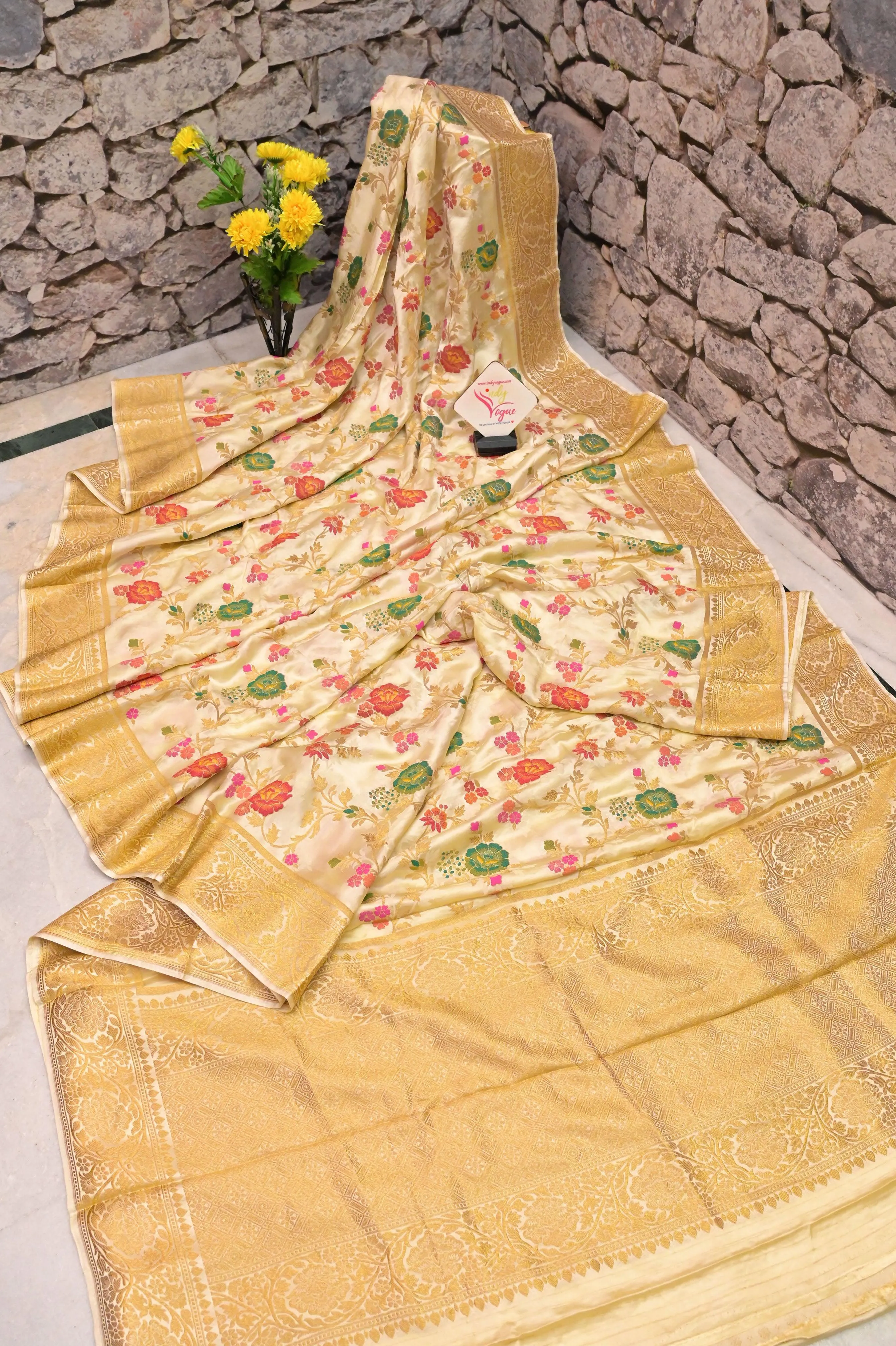 Offwhite Color Satin Katan Banarasi Saree with Meenakari Work