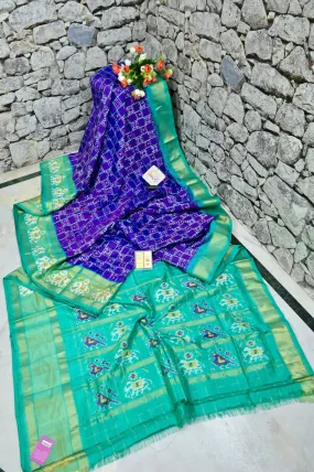 Purple and Rama Green Color Pure Ikat Silk Saree