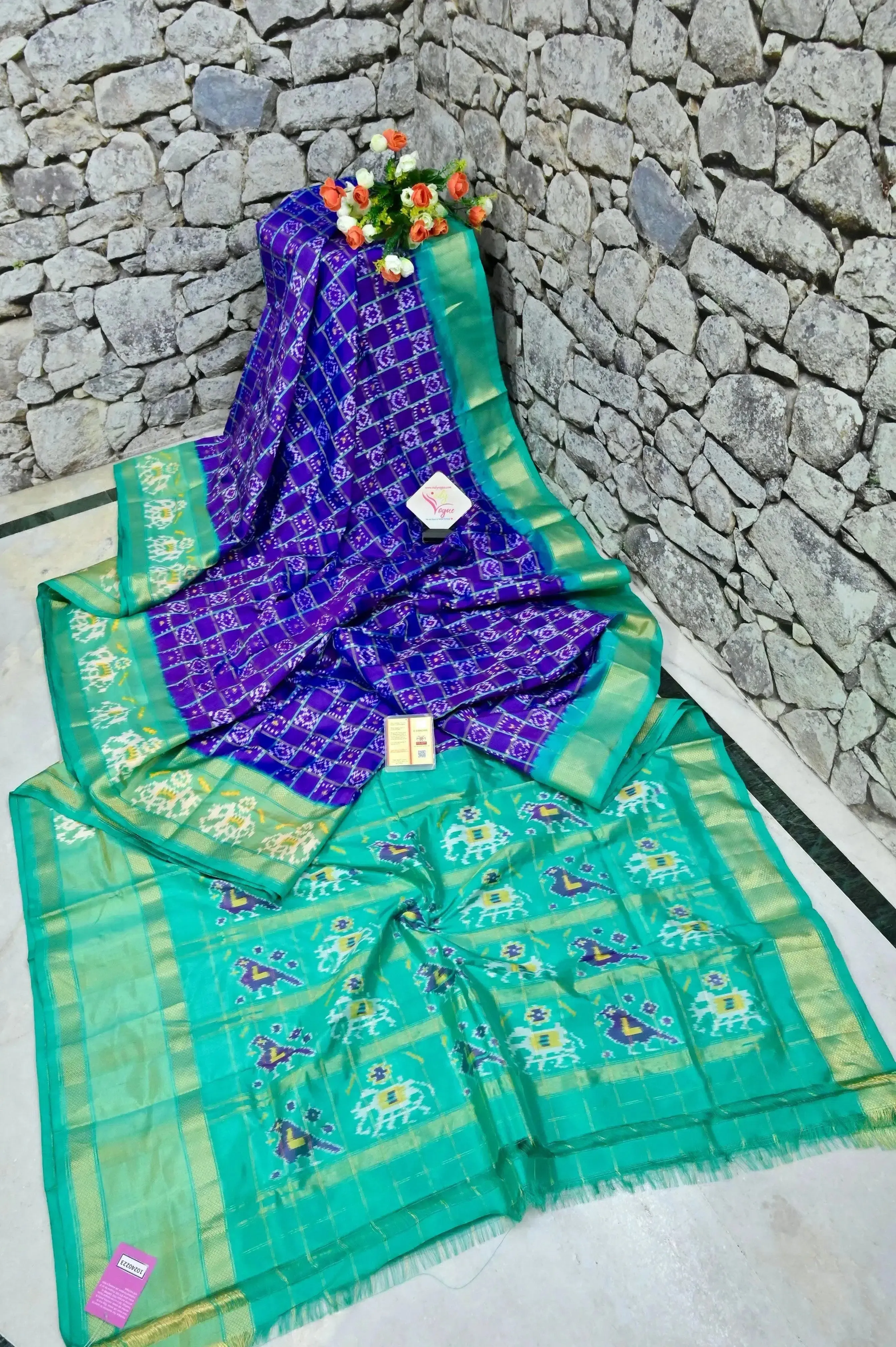 Purple and Rama Green Color Pure Ikat Silk Saree