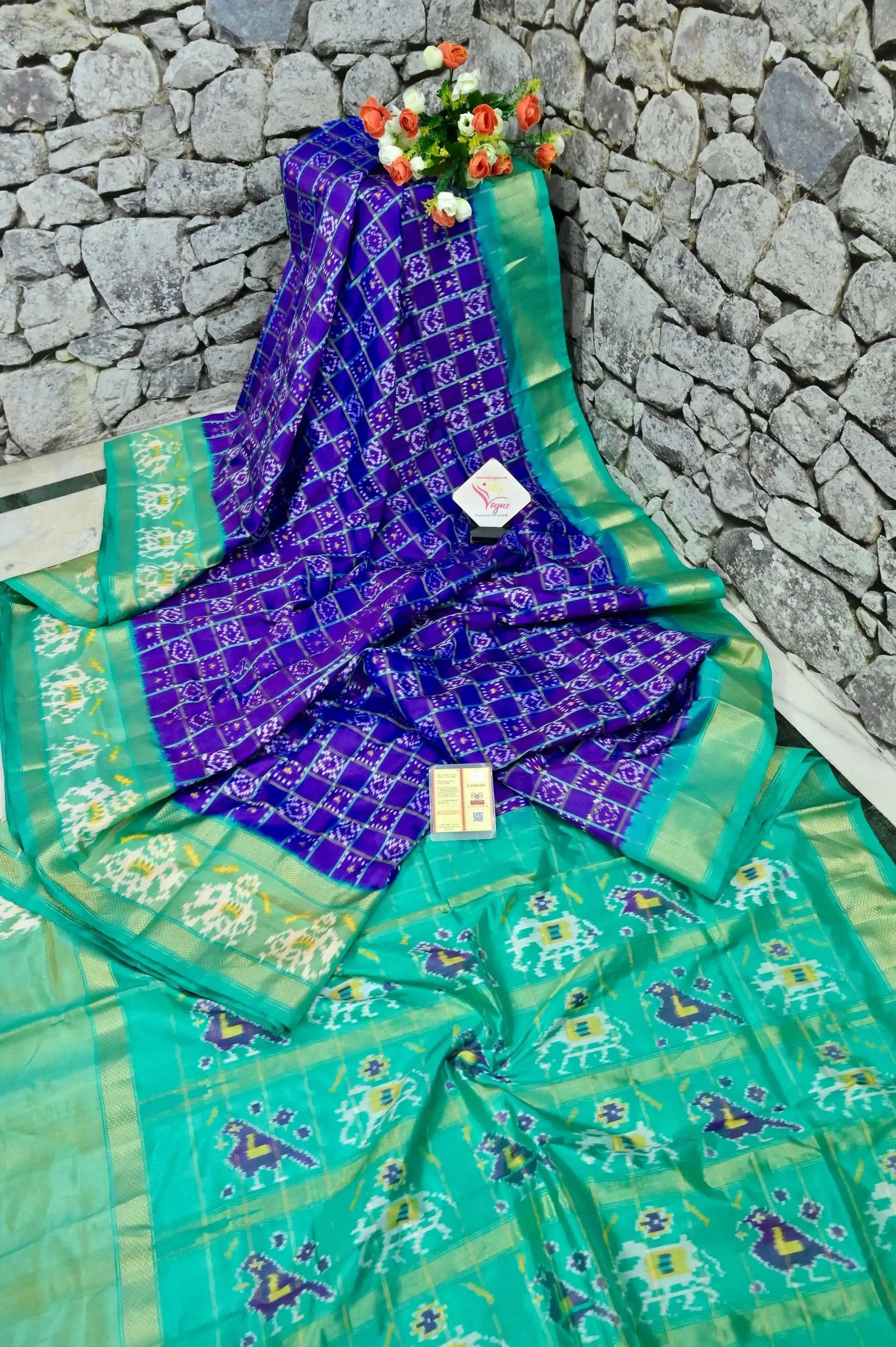 Purple and Rama Green Color Pure Ikat Silk Saree