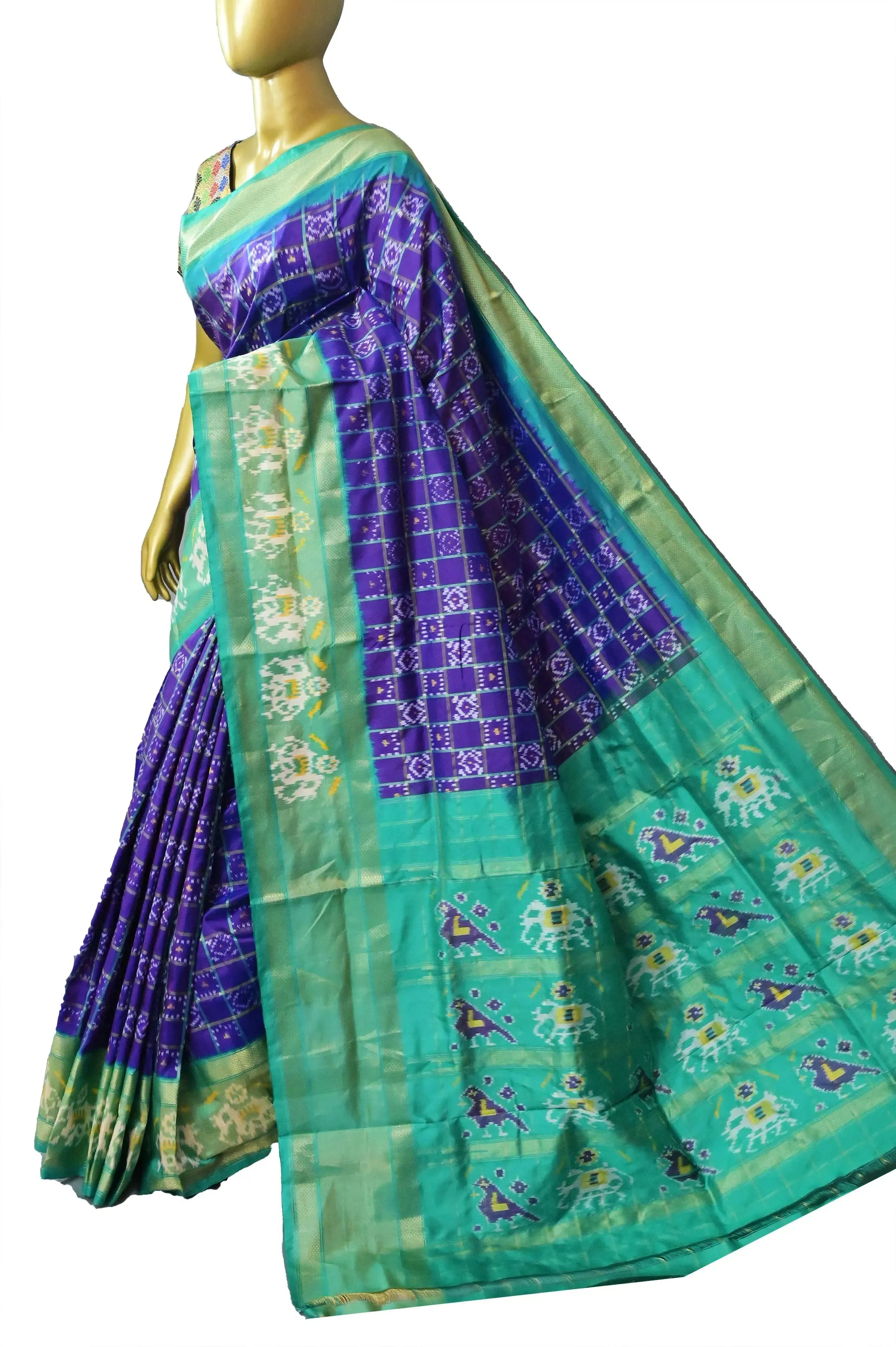 Purple and Rama Green Color Pure Ikat Silk Saree