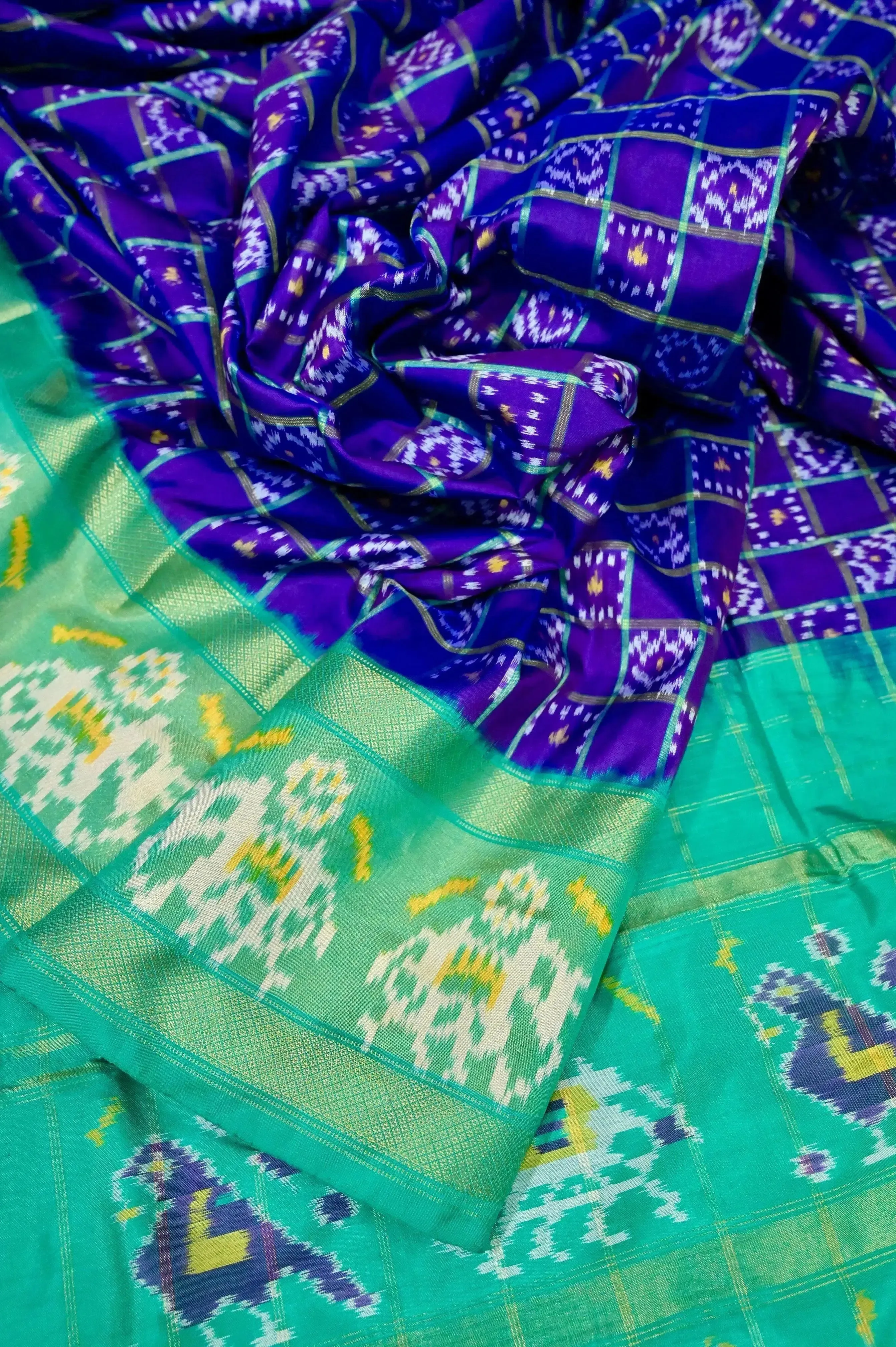 Purple and Rama Green Color Pure Ikat Silk Saree