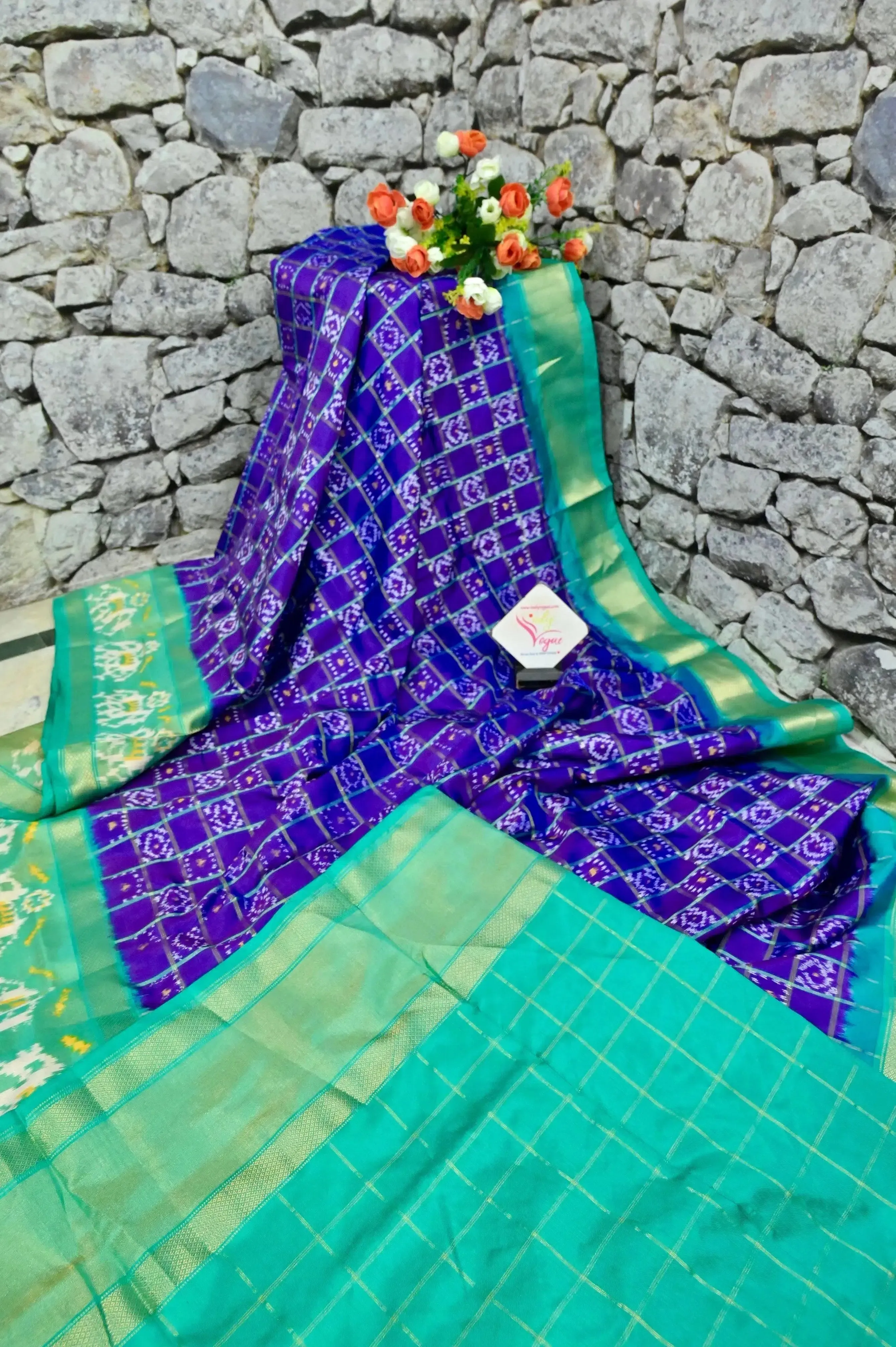 Purple and Rama Green Color Pure Ikat Silk Saree