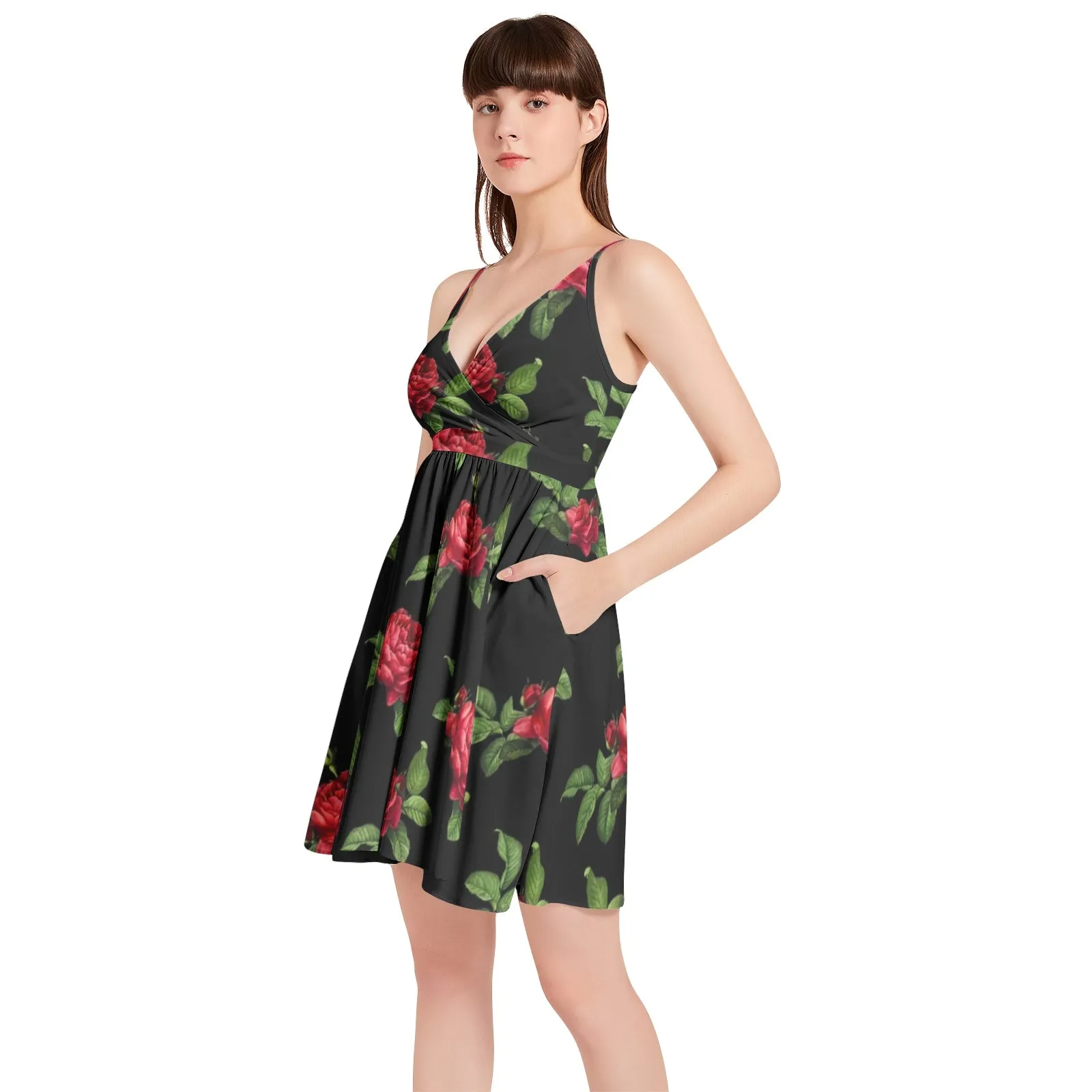 Red Rose Spaghetti Strap Sleeveless Falred Hem Short Dress