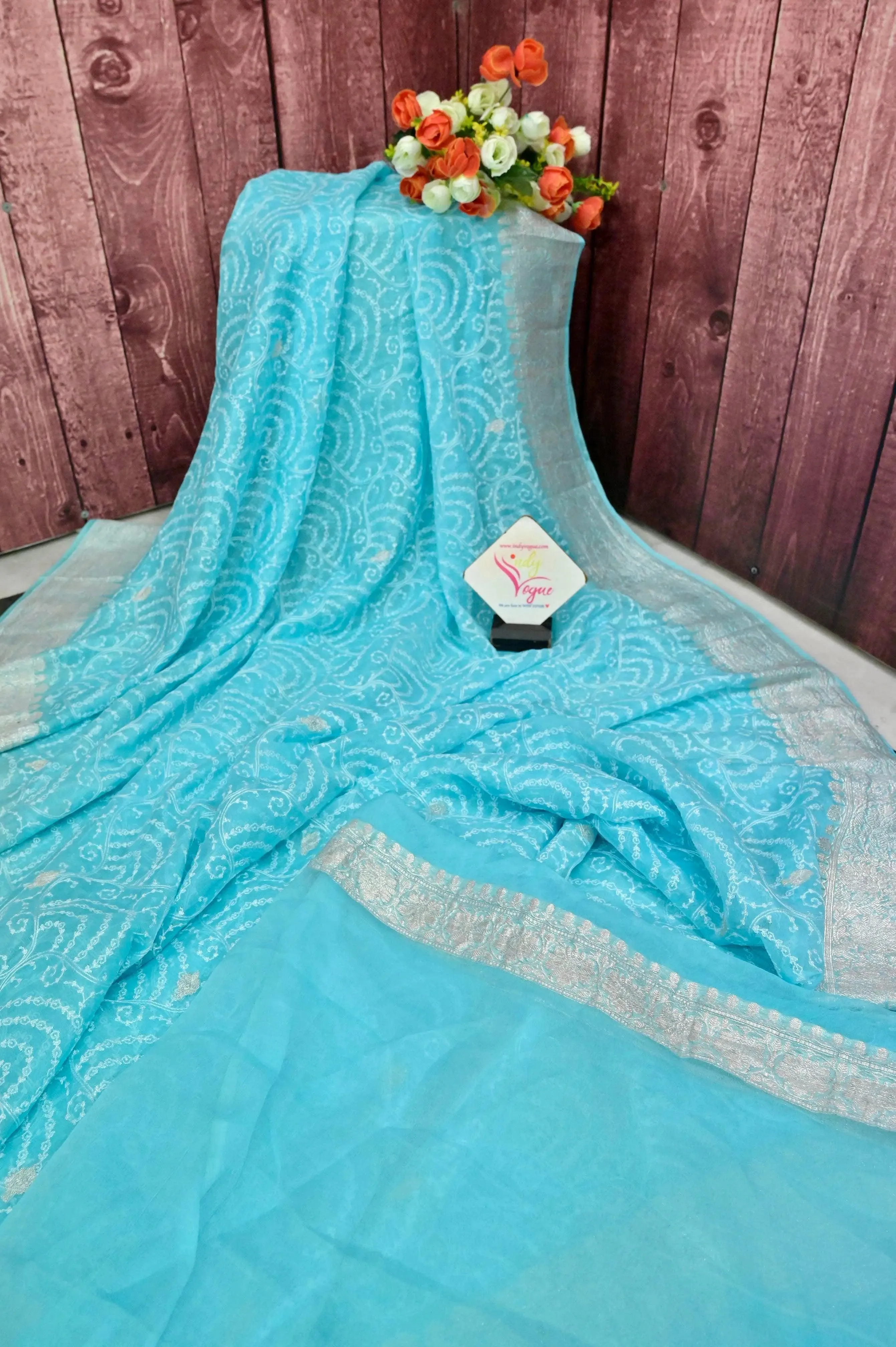 Sky Blue Color Georgette Saree with Allover Chikankari and Silver Zari Work