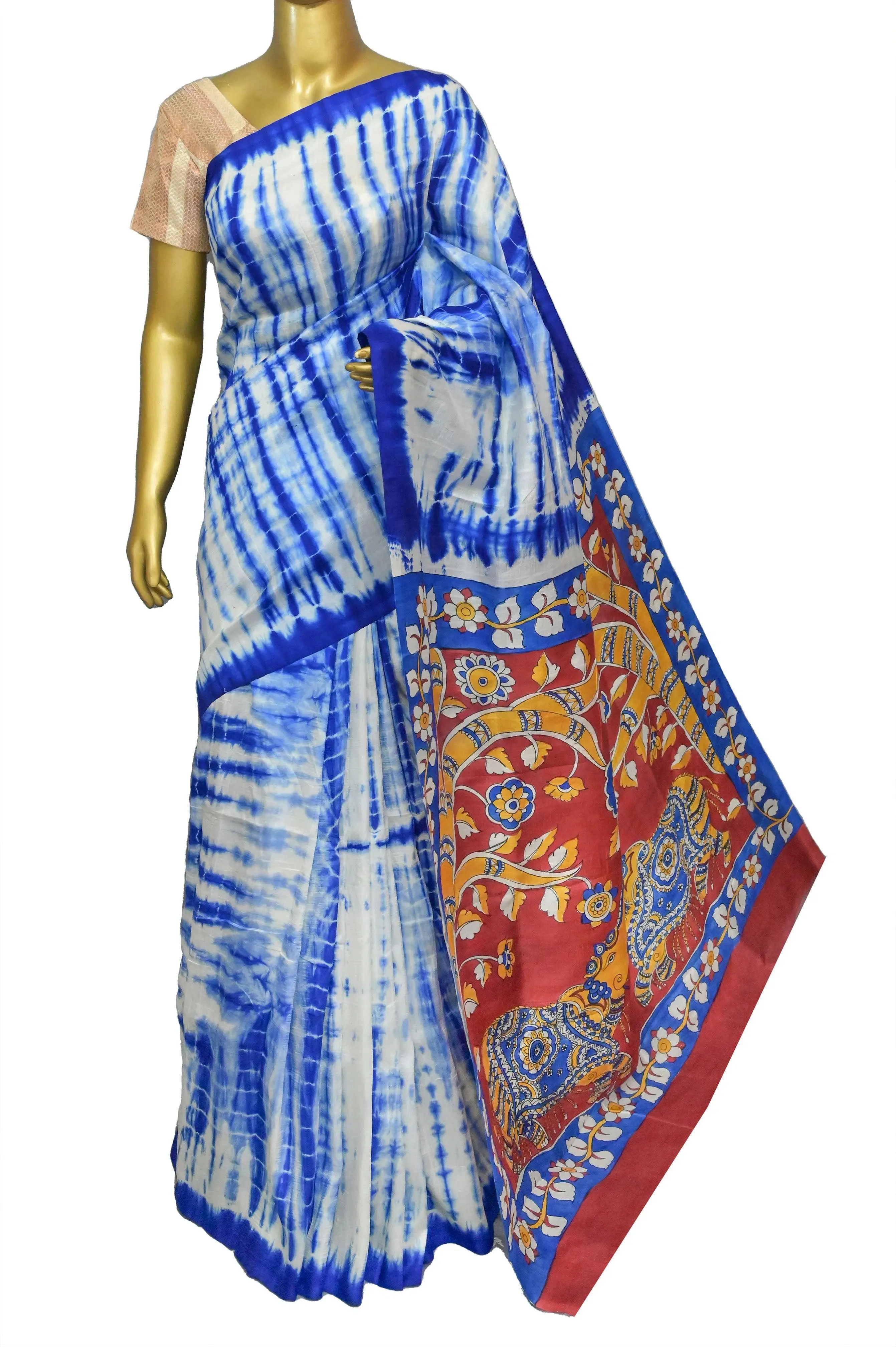 White and Blue Color Bishnupur Katan Silk with Hand Kalamkari & Hand Shibori Dye