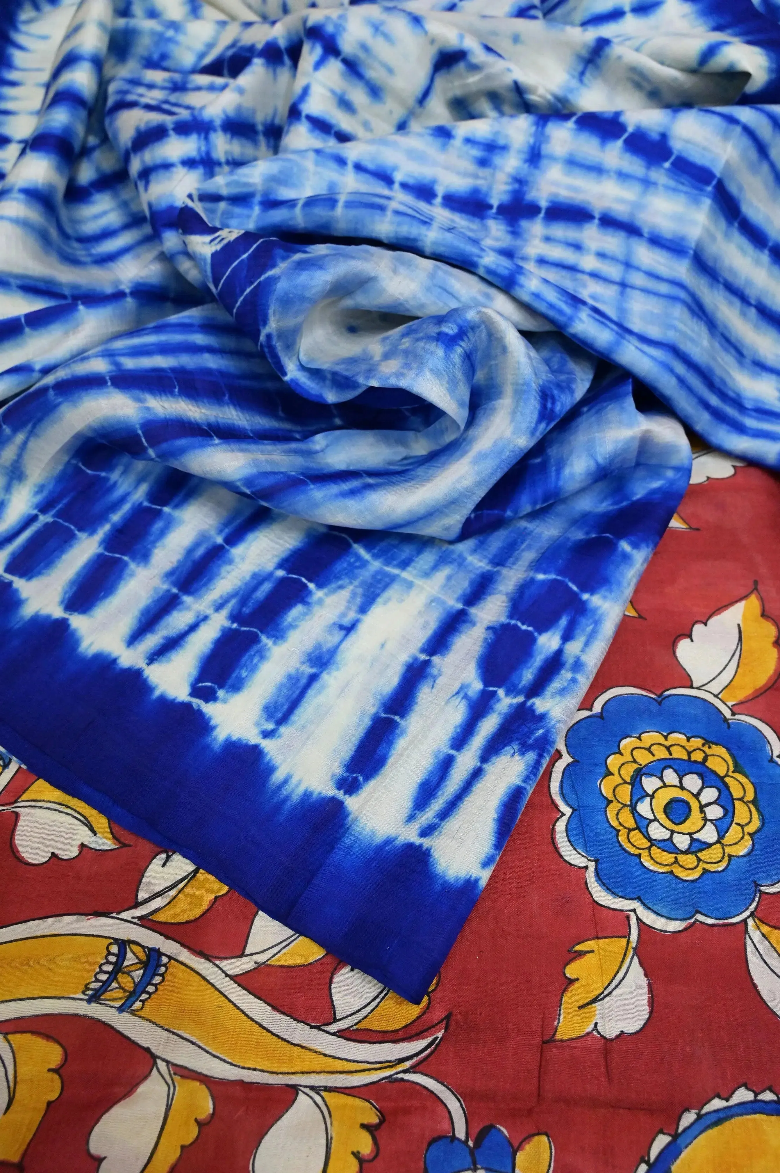 White and Blue Color Bishnupur Katan Silk with Hand Kalamkari & Hand Shibori Dye