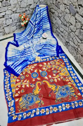 White and Blue Color Bishnupur Katan Silk with Hand Kalamkari & Hand Shibori Dye