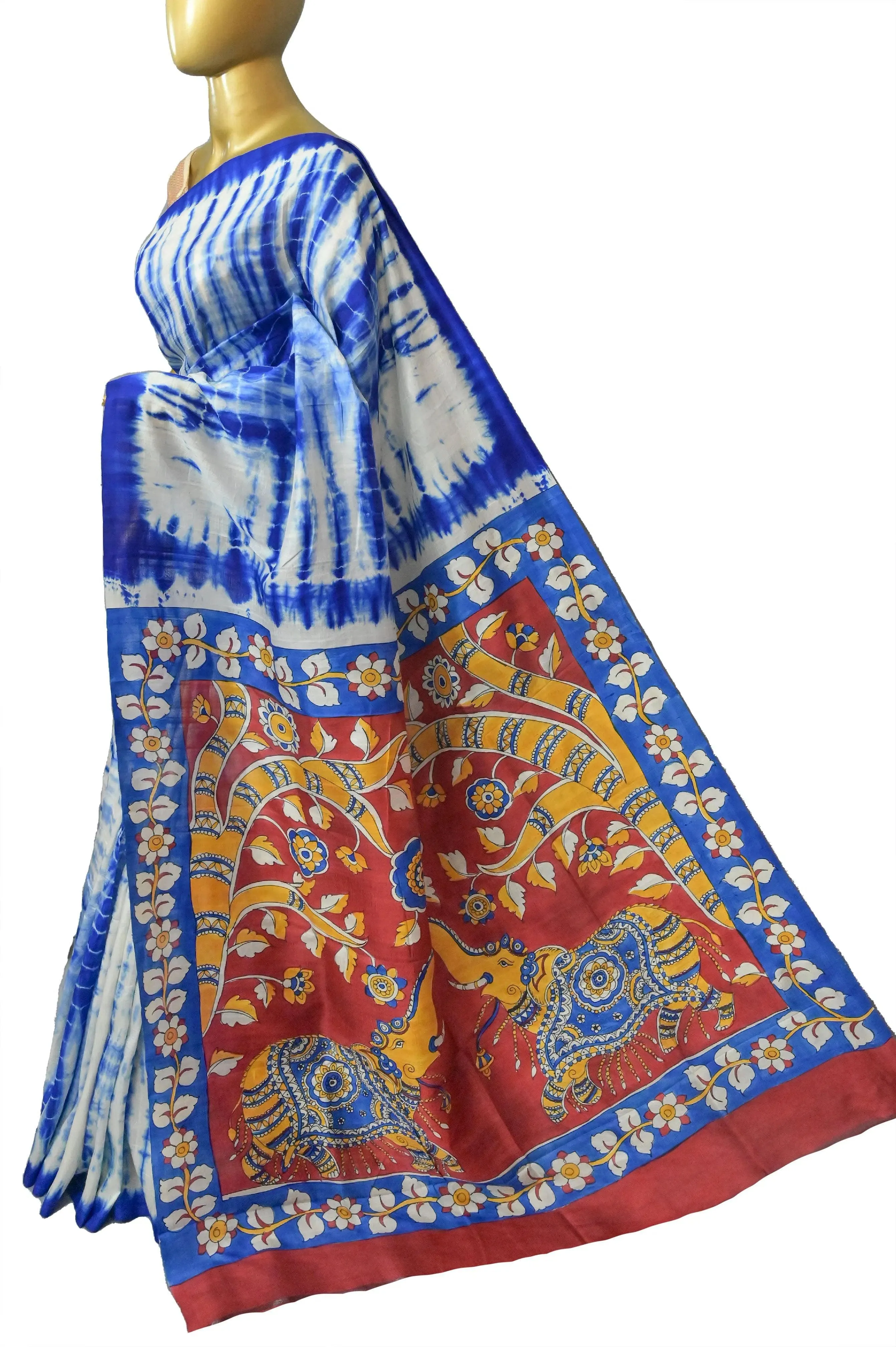 White and Blue Color Bishnupur Katan Silk with Hand Kalamkari & Hand Shibori Dye