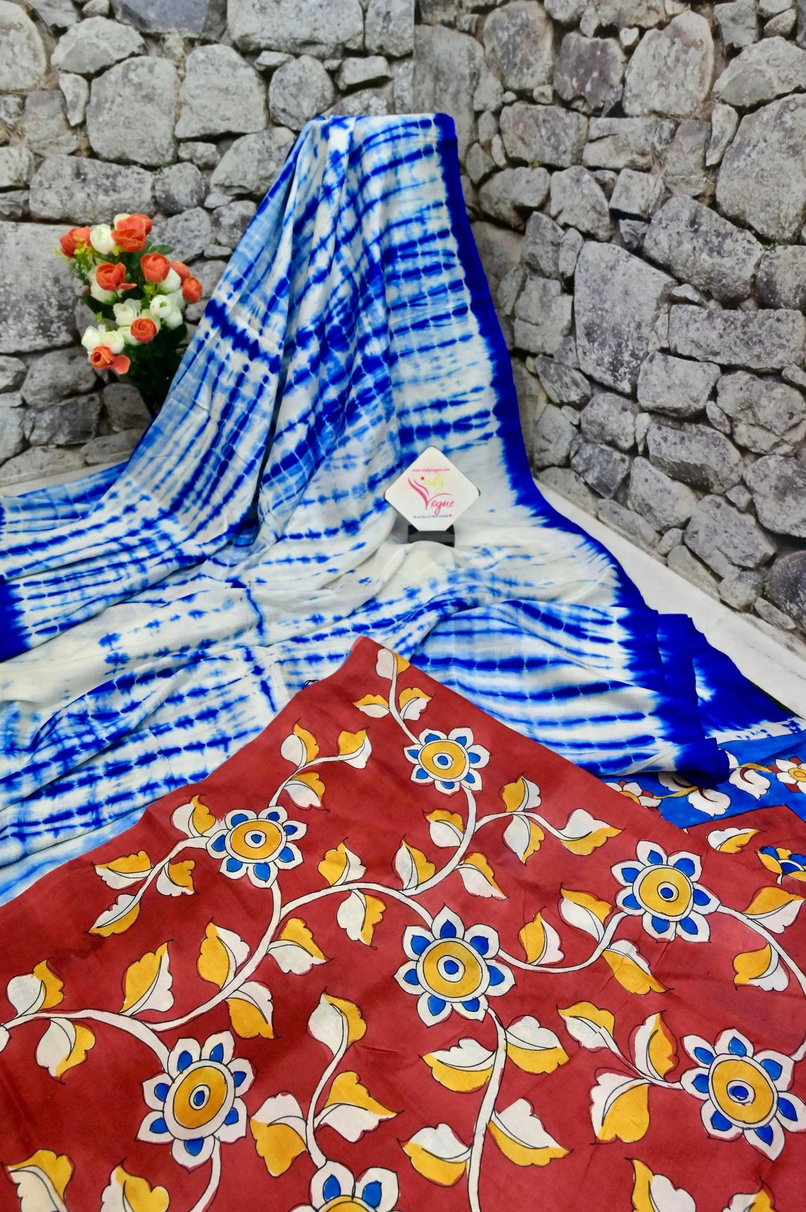 White and Blue Color Bishnupur Katan Silk with Hand Kalamkari & Hand Shibori Dye