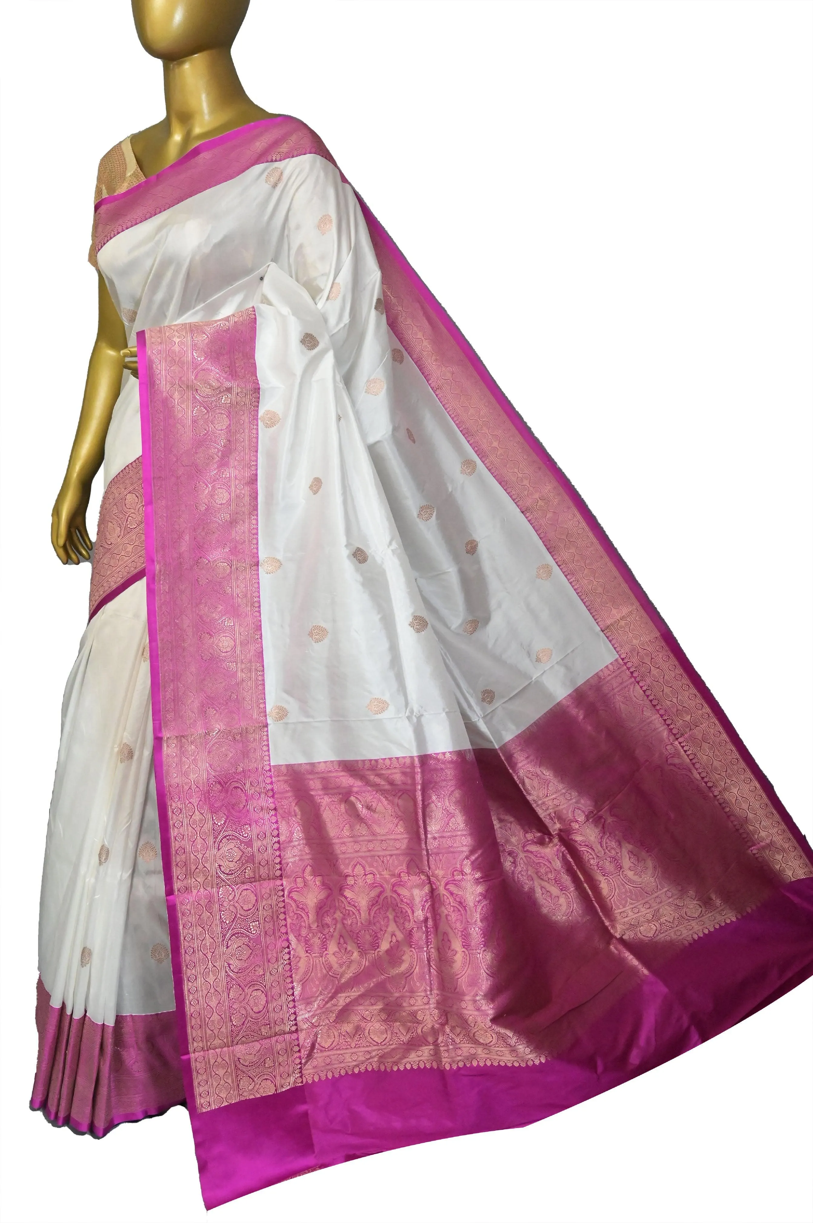 White and Magenta Color katan Banarasi Saree with Allover Butta Work