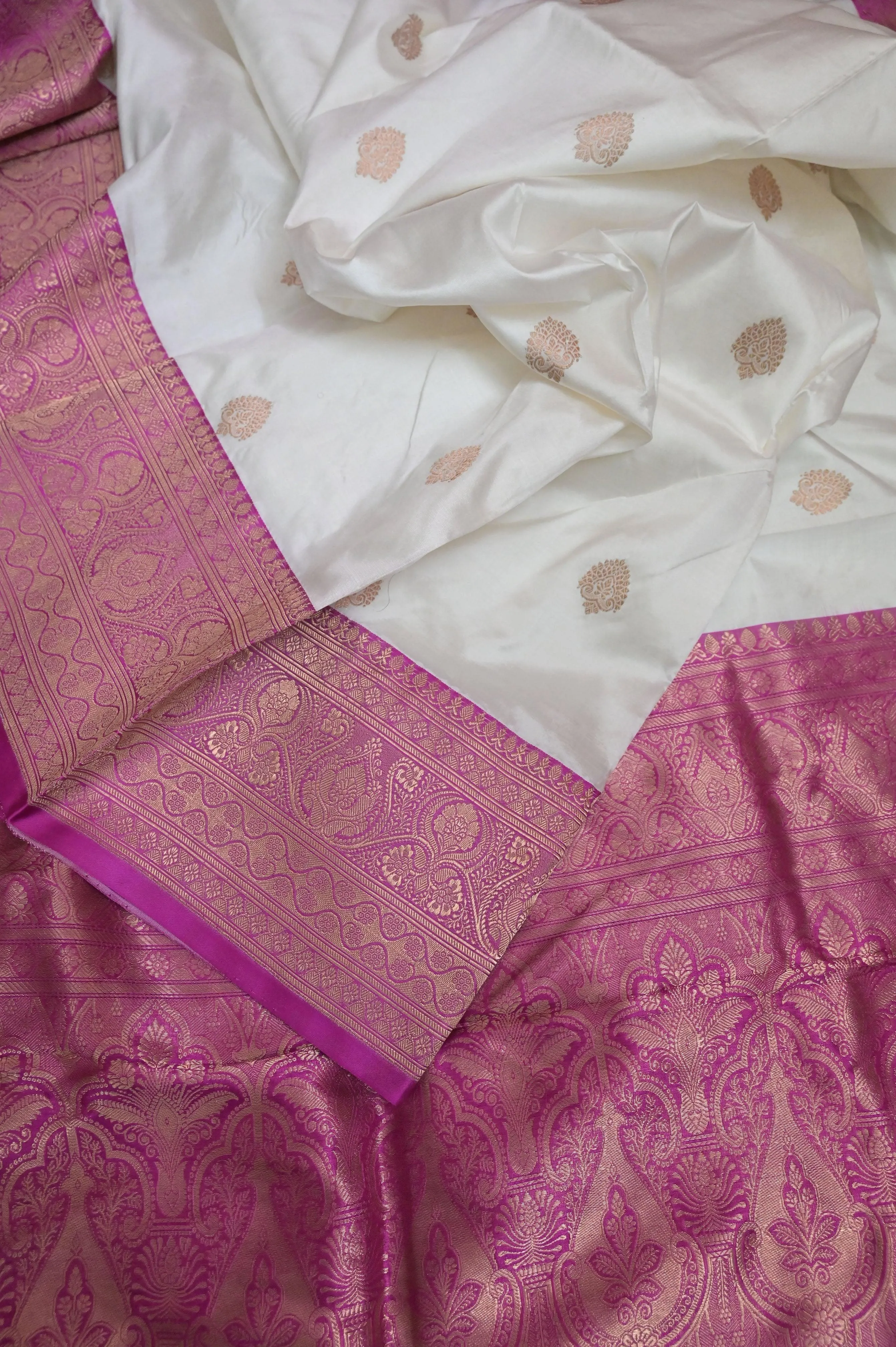 White and Magenta Color katan Banarasi Saree with Allover Butta Work