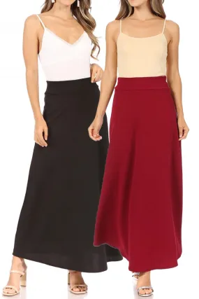 Women's Casual Solid Flare A-line Long Skirt with Elastic Waistband Pack of 2